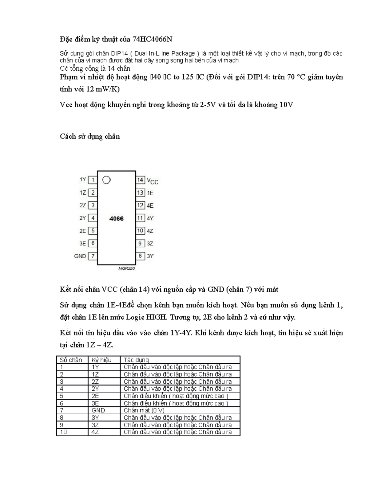 Đặc điểm kỹ thuật của 74HC4066N - Đặc điểm kỹ thuật của 74HC4066N Sử ...