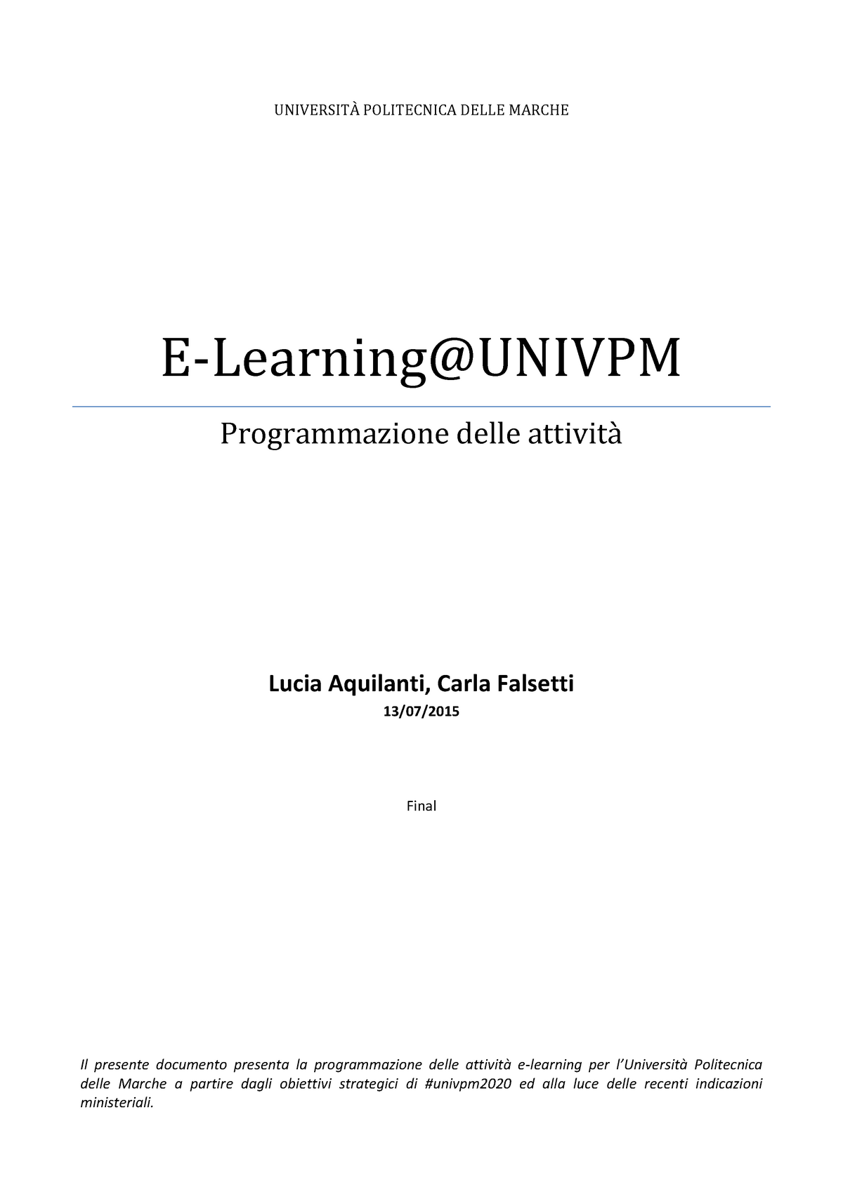 e learning univpm final universita politecnica delle marche e learning univpm programmazione studocu