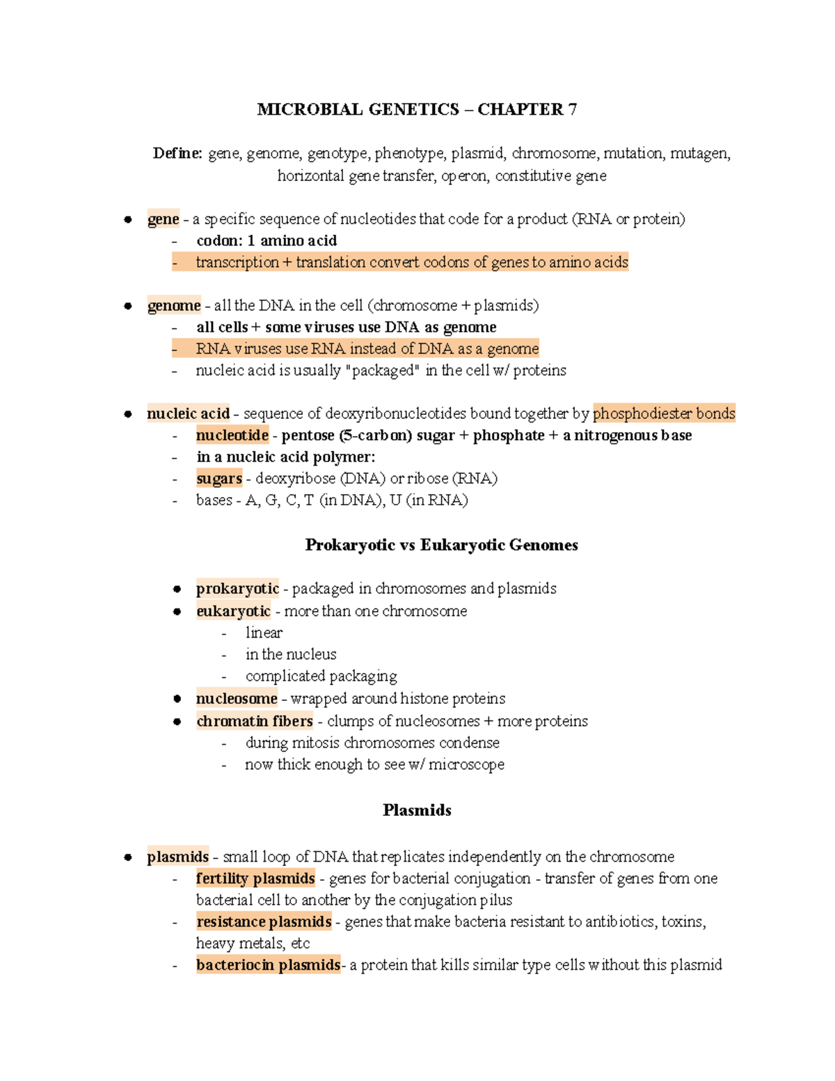 Microbial Genetics – Chapter 7 - MICROBIAL GENETICS – CHAPTER 7 Define ...