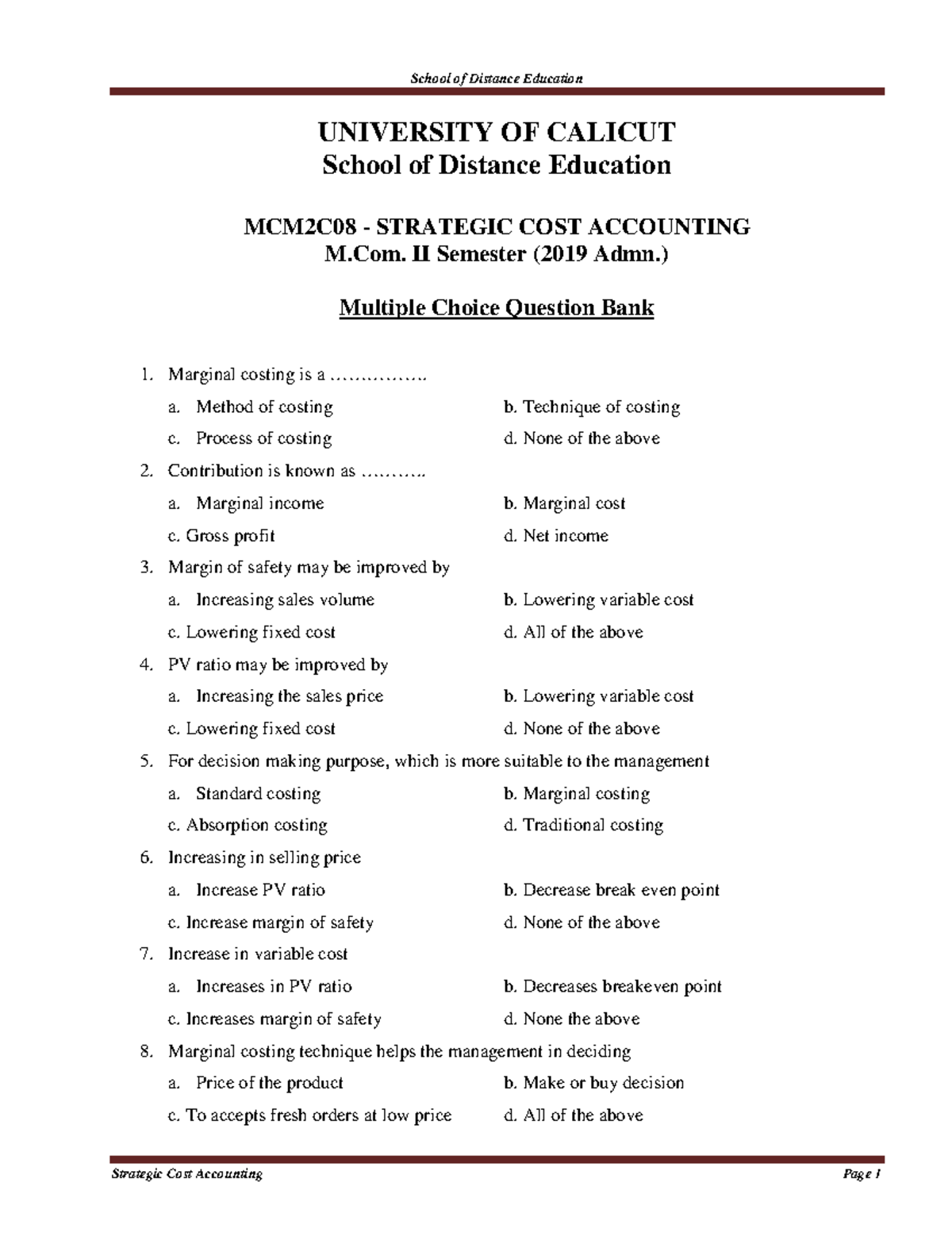 Strategic Cost Accounting 1 - UNIVERSITY OF CALICUT School of Distance ...