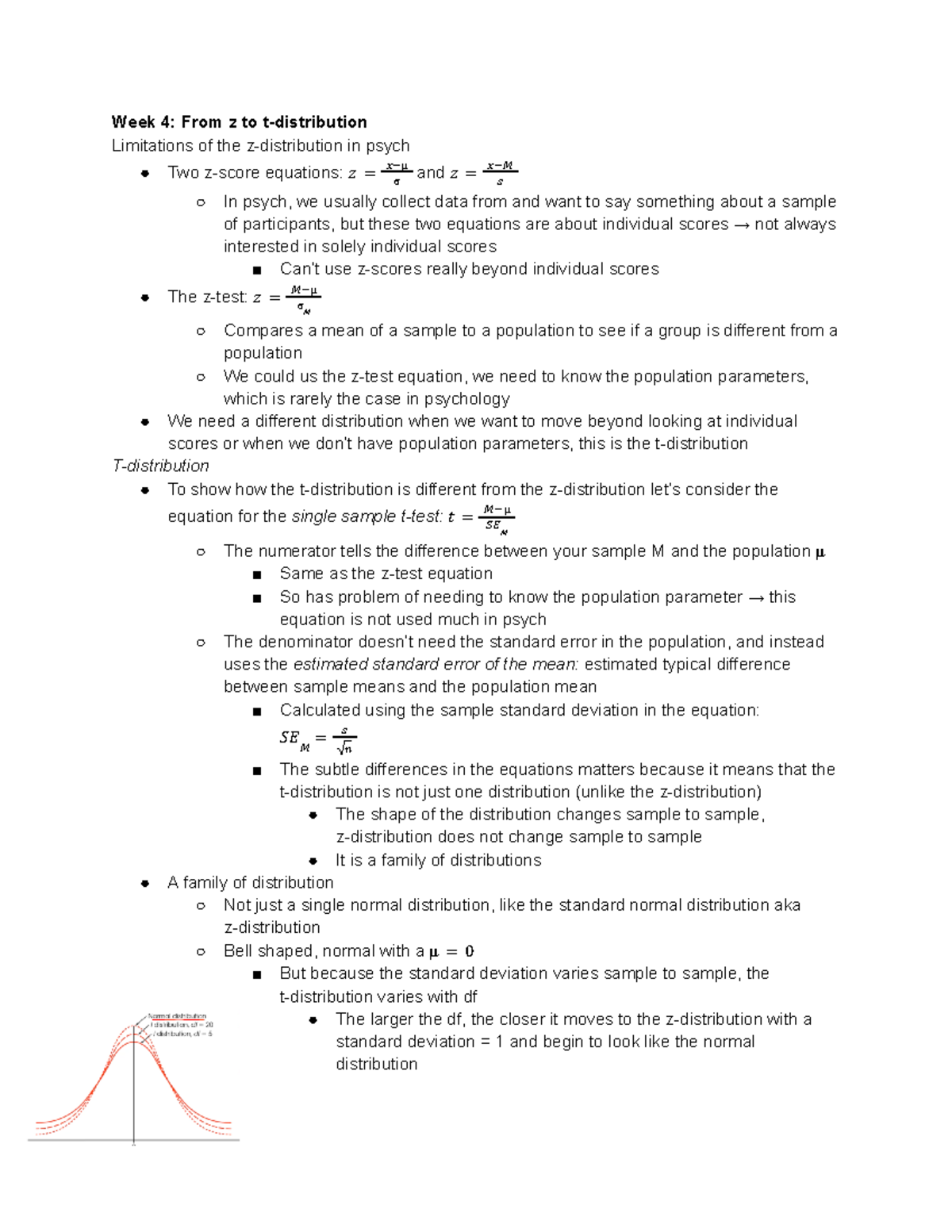 Midterm 2 Notes - weeks 4-7 - Week 4: From z to t-distribution ...