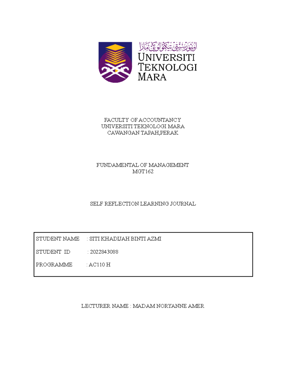 Mgt individual assignment - FACULTY OF ACCOUNTANCY UNIVERSITI TEKNOLOGI ...