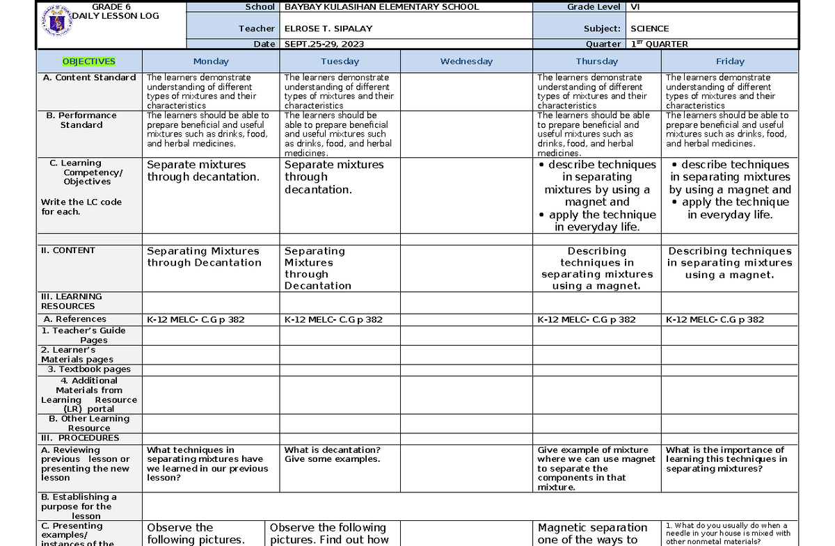 DLL Science-6 Q1 W5-SEPT - GRADE 6 DAILY LESSON LOG School BAYBAY ...