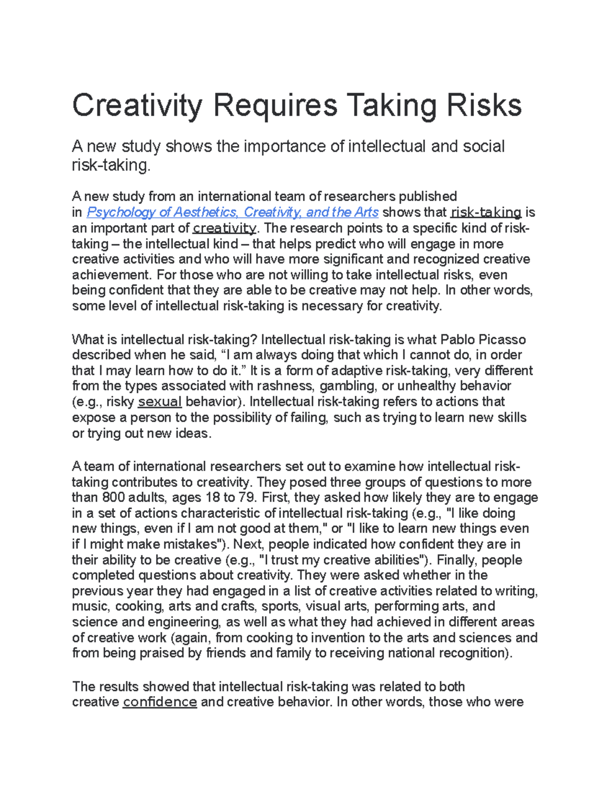 Creativity Requires Taking Risks - A new study from an international ...