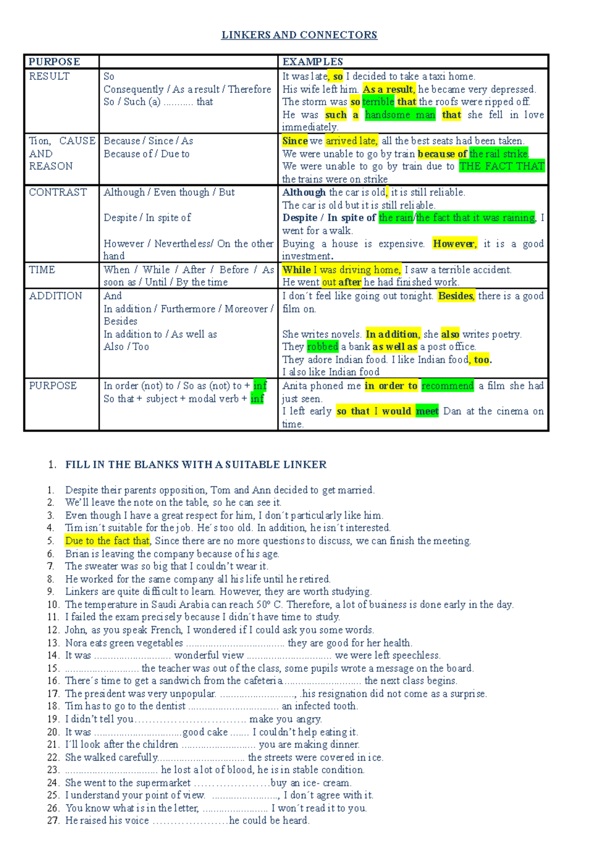 Linkers and Connectors práctica LINKERS AND CONNECTORS PURPOSE