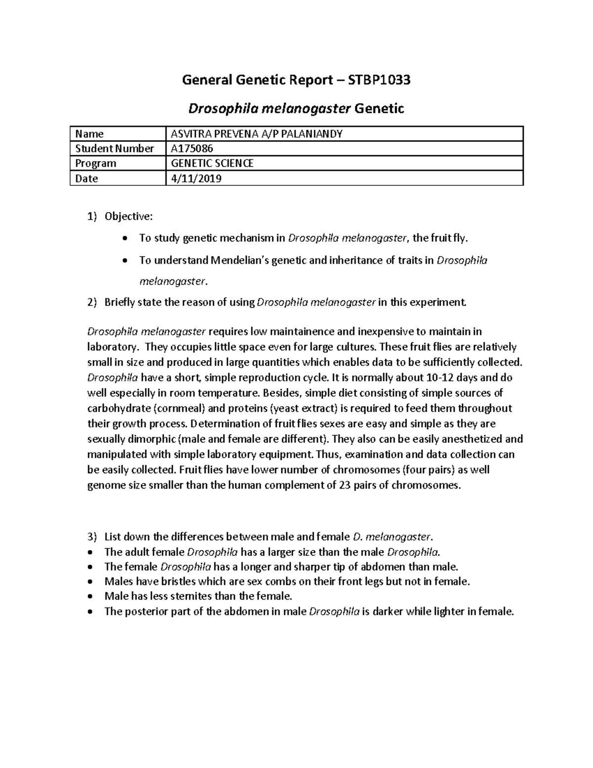 Lab report Drosophila melanogaster General Report STBP1033