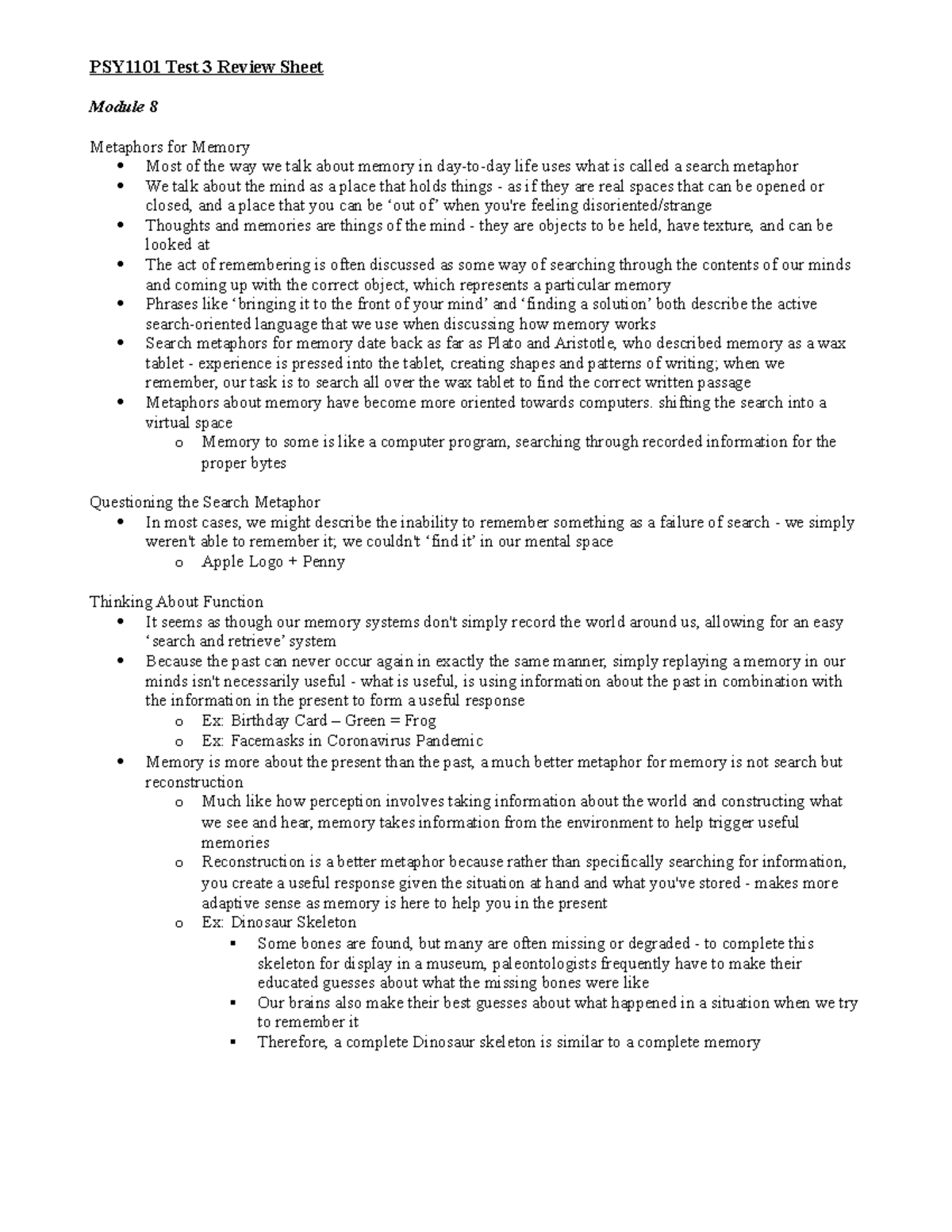 PSY1101 Test 3 Review Sheet 2 - PSY1101 Test 3 Review Sheet Module 8 ...