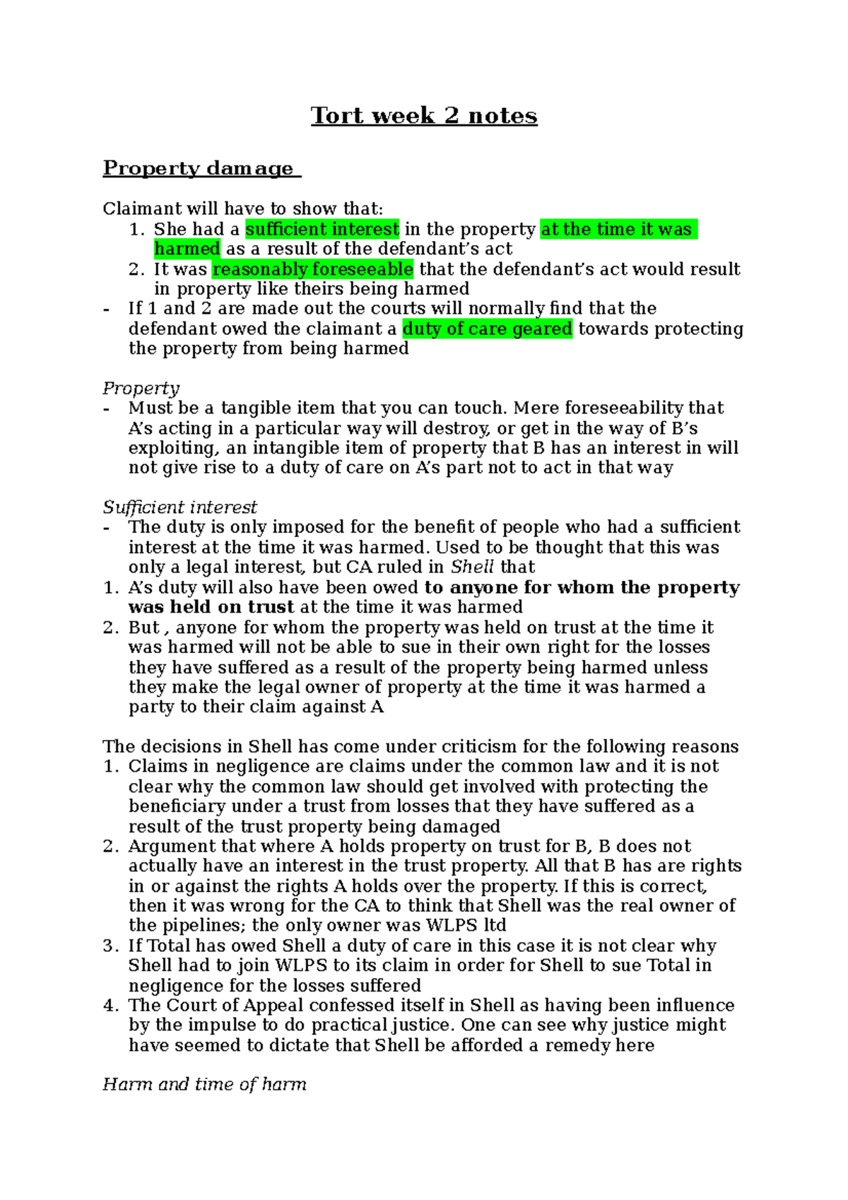 Tort week 2 notes - Ox - Studocu