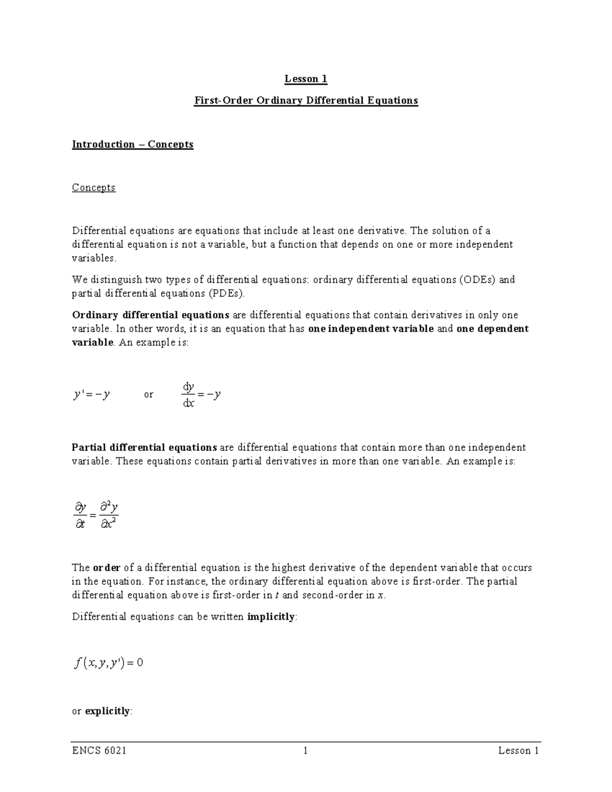 Lesson 1 First order ODEs - ####### Lesson 1 ####### First-Order ...