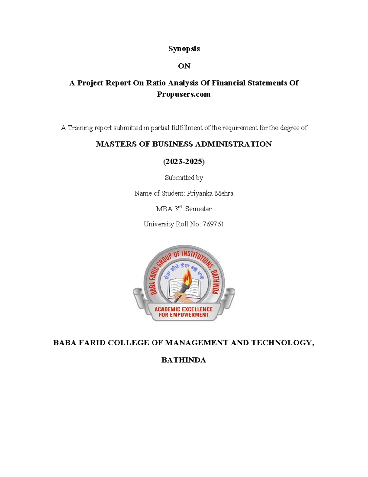 Project report on ratio analysis of financial statements - Synopsis ON ...