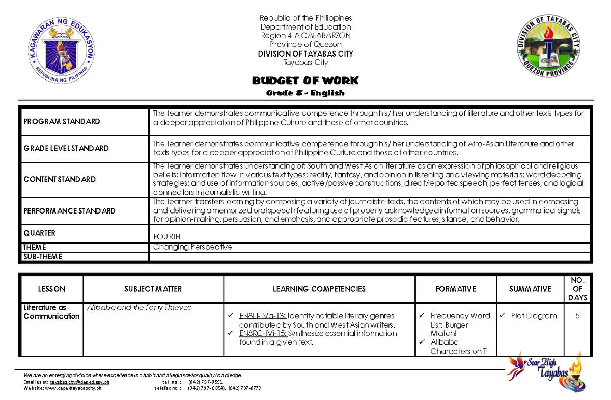 G8 English Budget of Work 4th Quarter - Department of Education Region ...