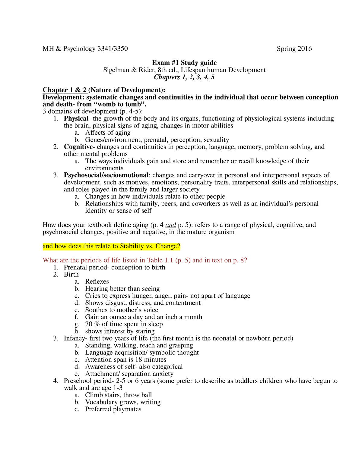 An Exam #1 Study Guide, Lifespan Human Development - MH & Psychology Sns-Brigh10