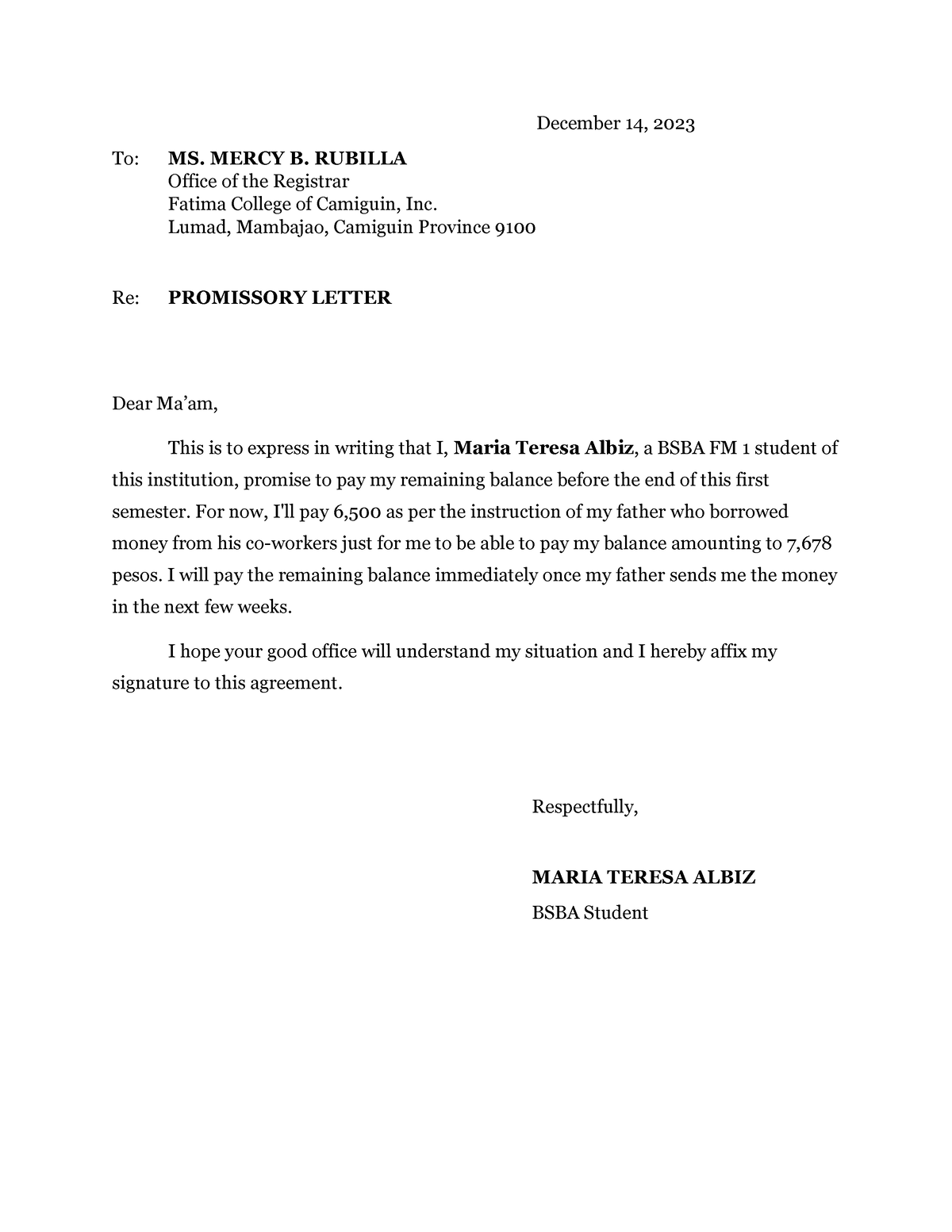 Promissory Letter - December 14, 2023 To: MS. MERCY B. RUBILLA Office ...