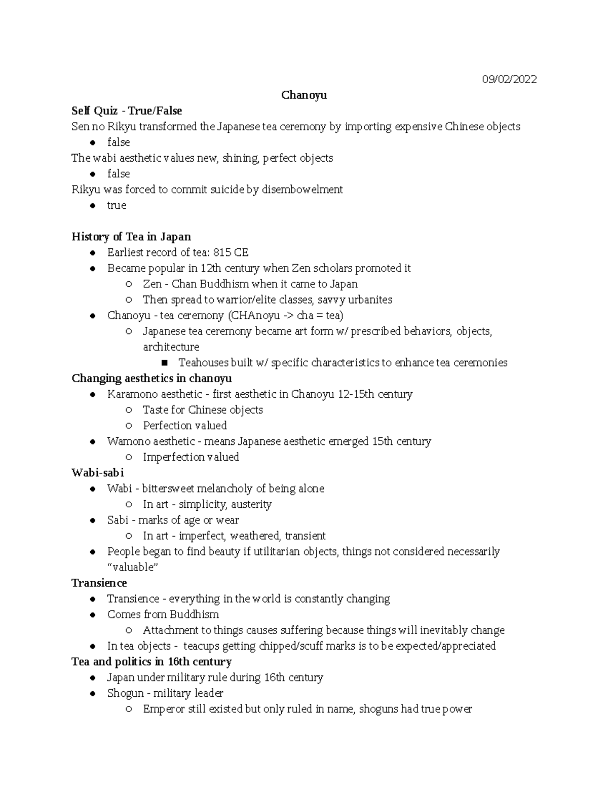 ASIAN 458 09 01 Chanoyu Lecture Notes - 09/02/ Chanoyu Self Quiz - True ...