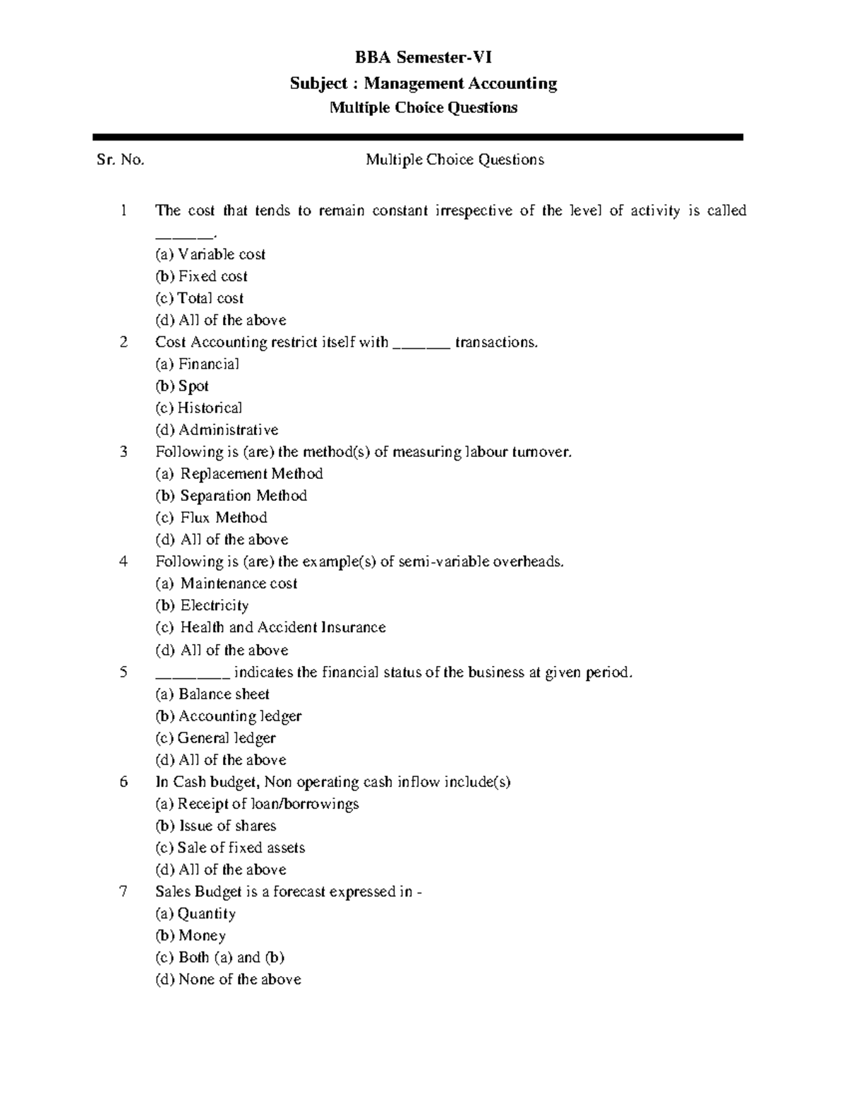 Management Accounting Questions BANK pdf Final Sr. No. Multiple