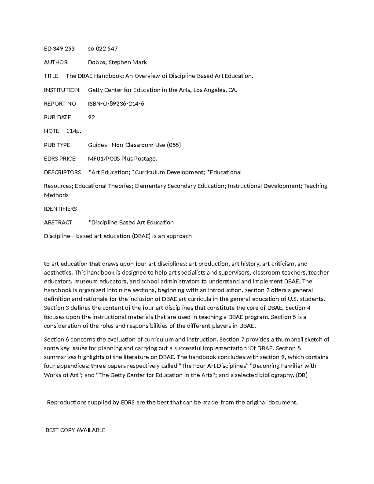 DBAE Handbook Getty word text recognition - ED 349 253 so 022 547 ...