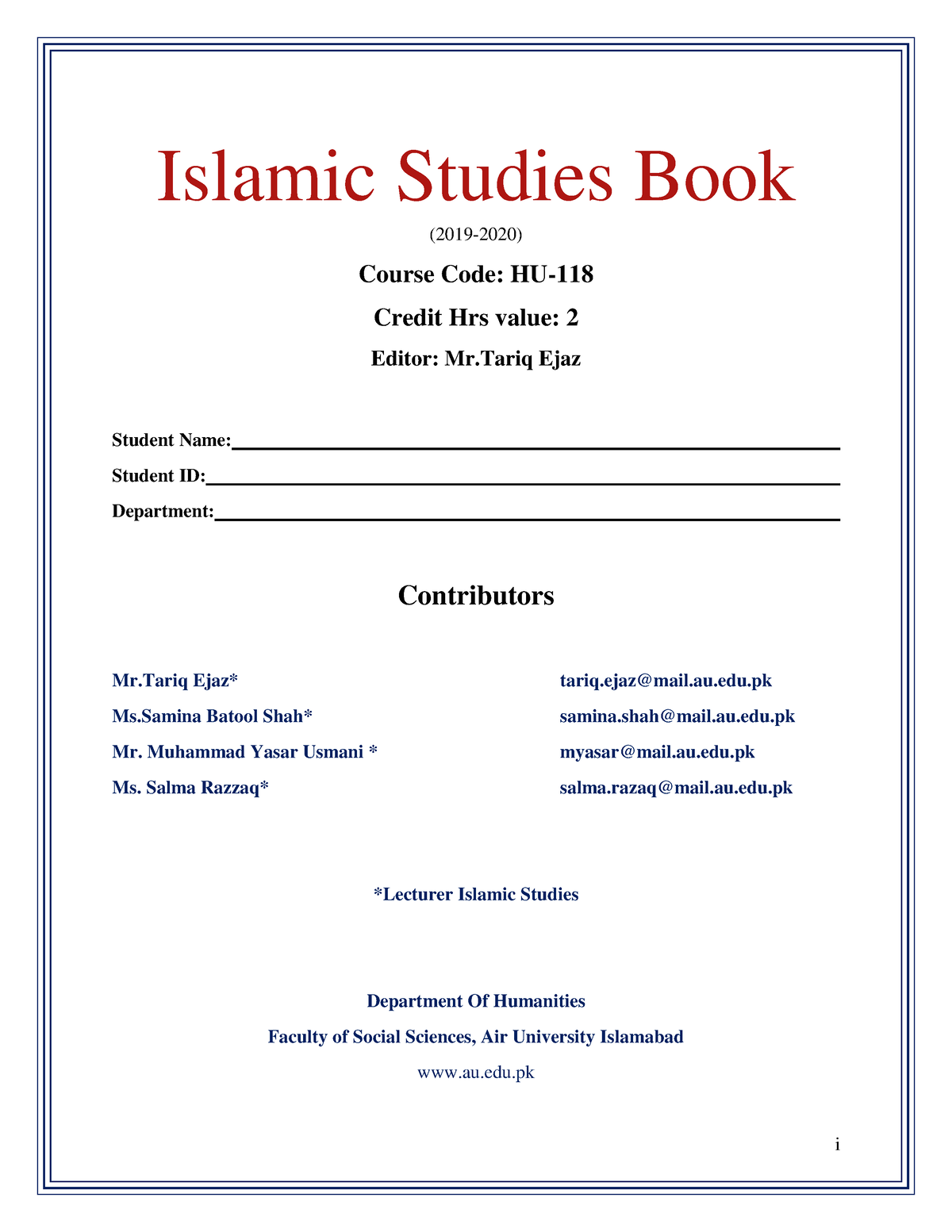 Islamiyat Reader - I Islamic Studies Book (2019-2020) Course Code: HU ...