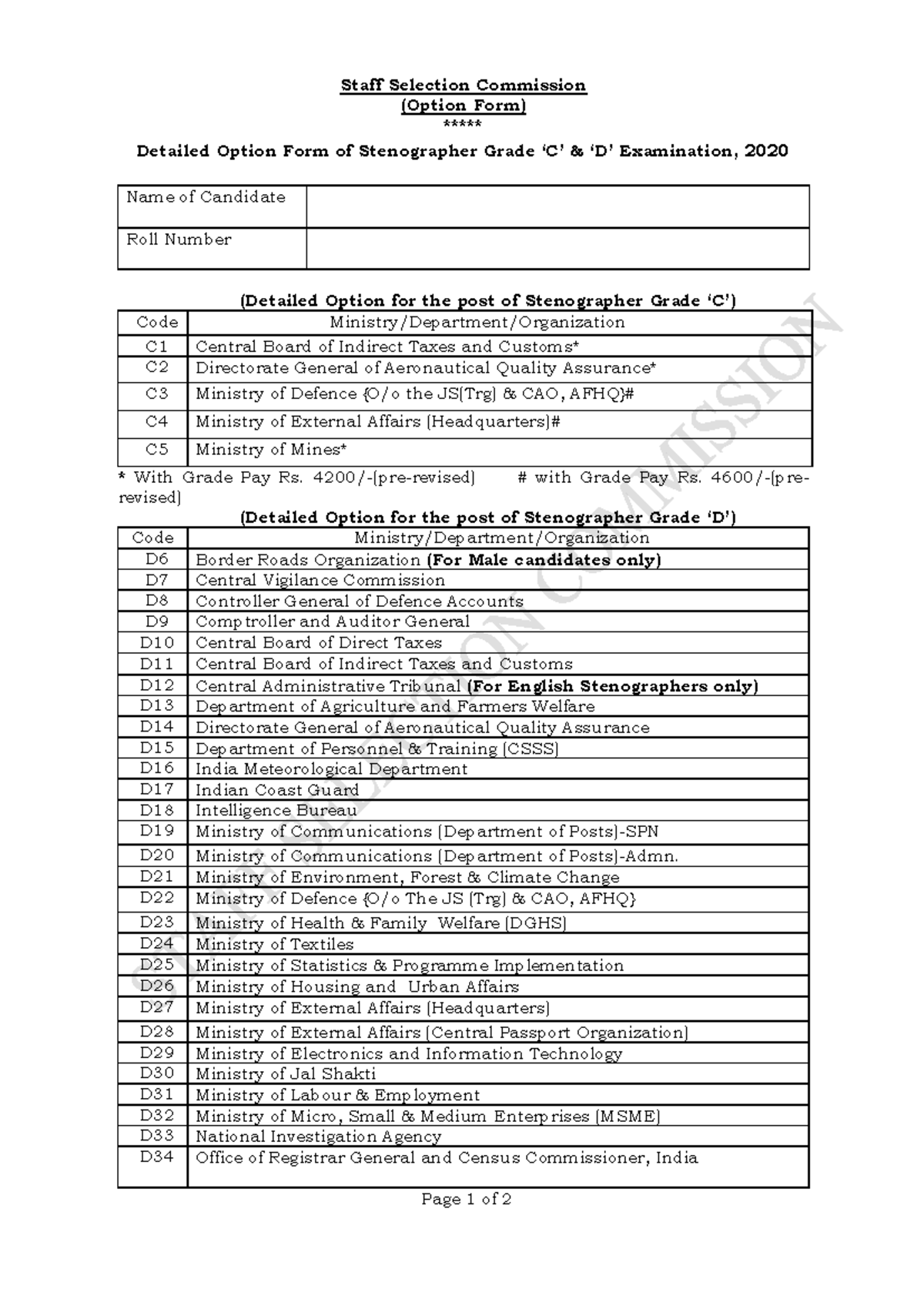 Final Option Form Of Steno-2020 05092022 - Staff Selection Commission ...