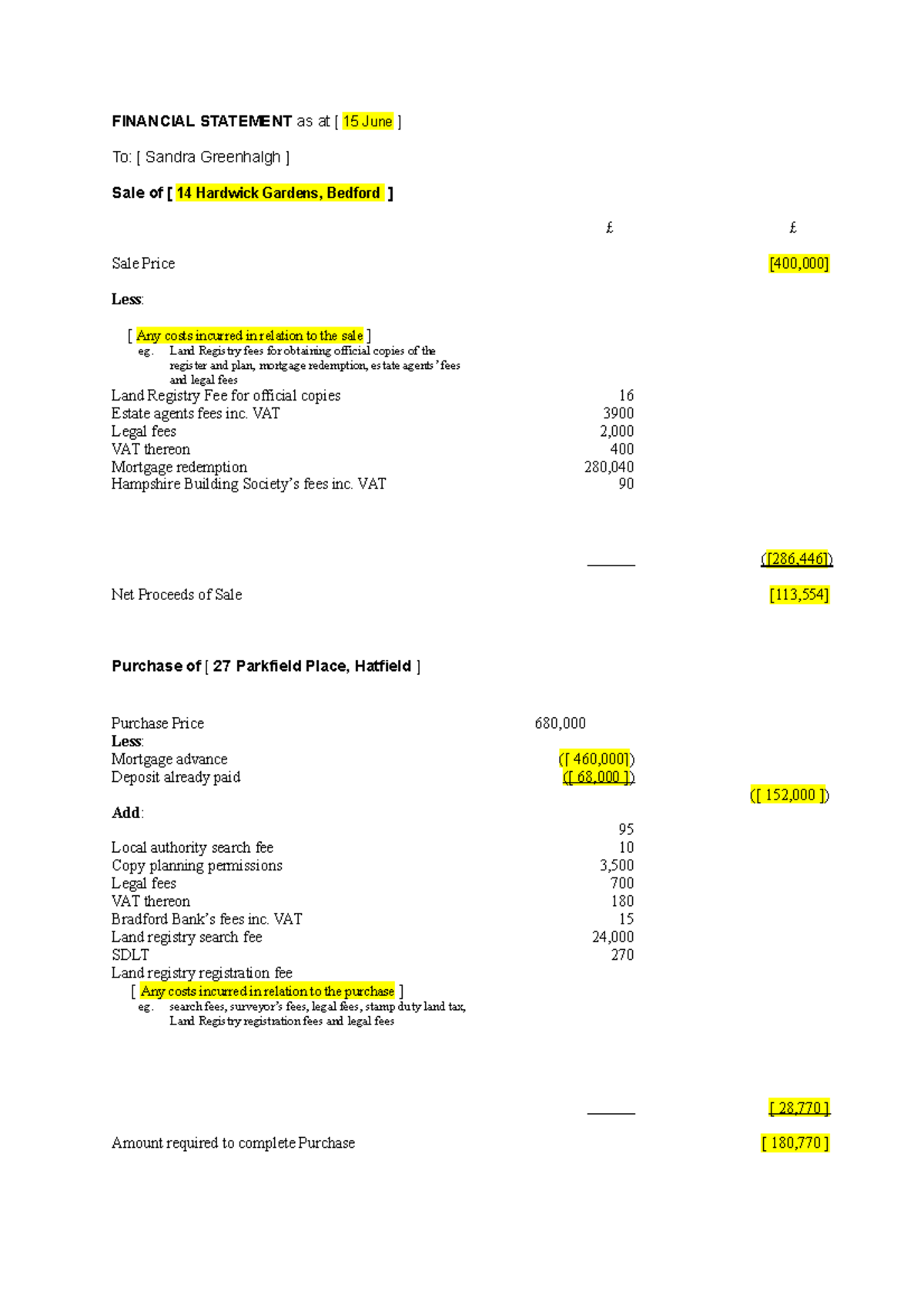 Financial Statement Reminder - FINANCIAL STATEMENT as at [ 15 June ] To ...