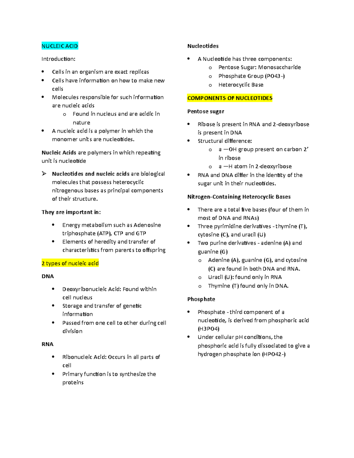 Reviewerr nucleic acid, carbs, lipid, protein metab NUCLEIC ACID Introduction Cells in an