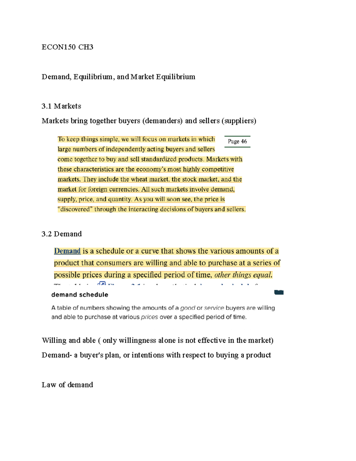 ECON CH 3 - Notes - ECON150 CH Demand, Equilibrium, and Market ...