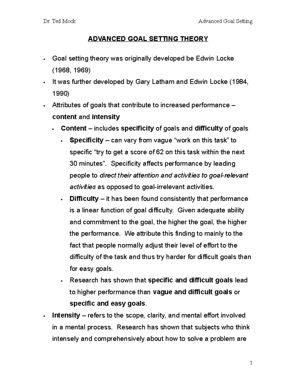 Advanced GOAL Setting Theory - ADVANCED GOAL SETTING THEORY Goal ...