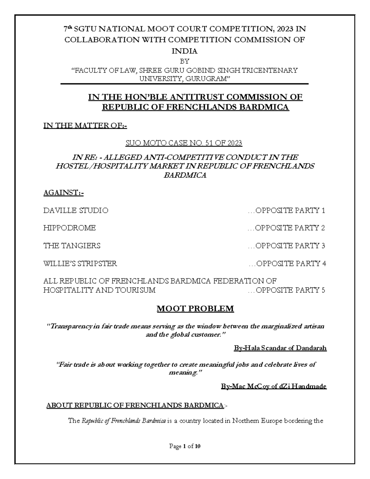 Moot Problem 2023 - COLLABORATION WITH COMPETITION COMMISSION OF INDIA ...