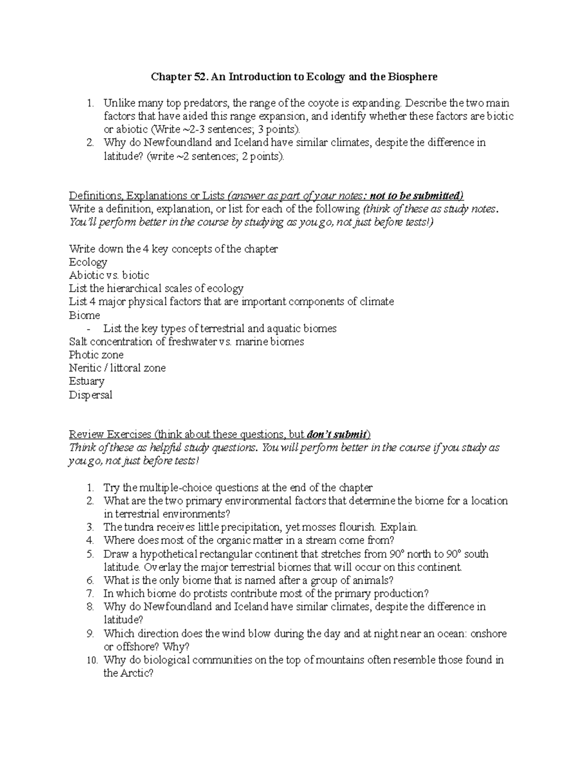 Assignment 8 - Questions Ch 52 - Chapter 52. An Introduction To Ecology ...