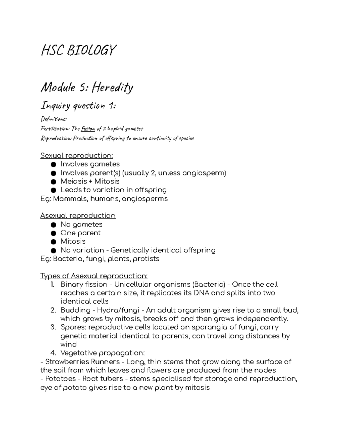 HSC Biology Bio notes HSC BIOLOGY Module 5 Heredity Inquiry