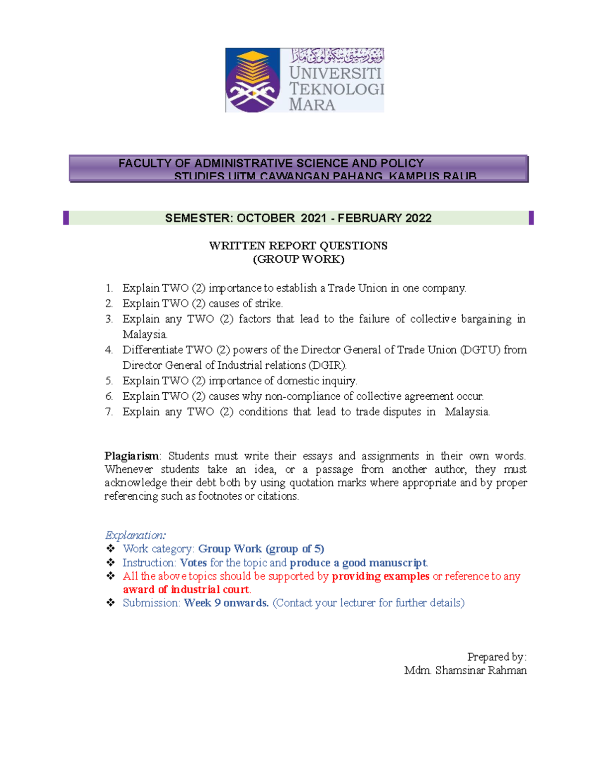 Assignment Question OCT21-FEB22 - PAD363 - 10% + 10% - Trade Union ...
