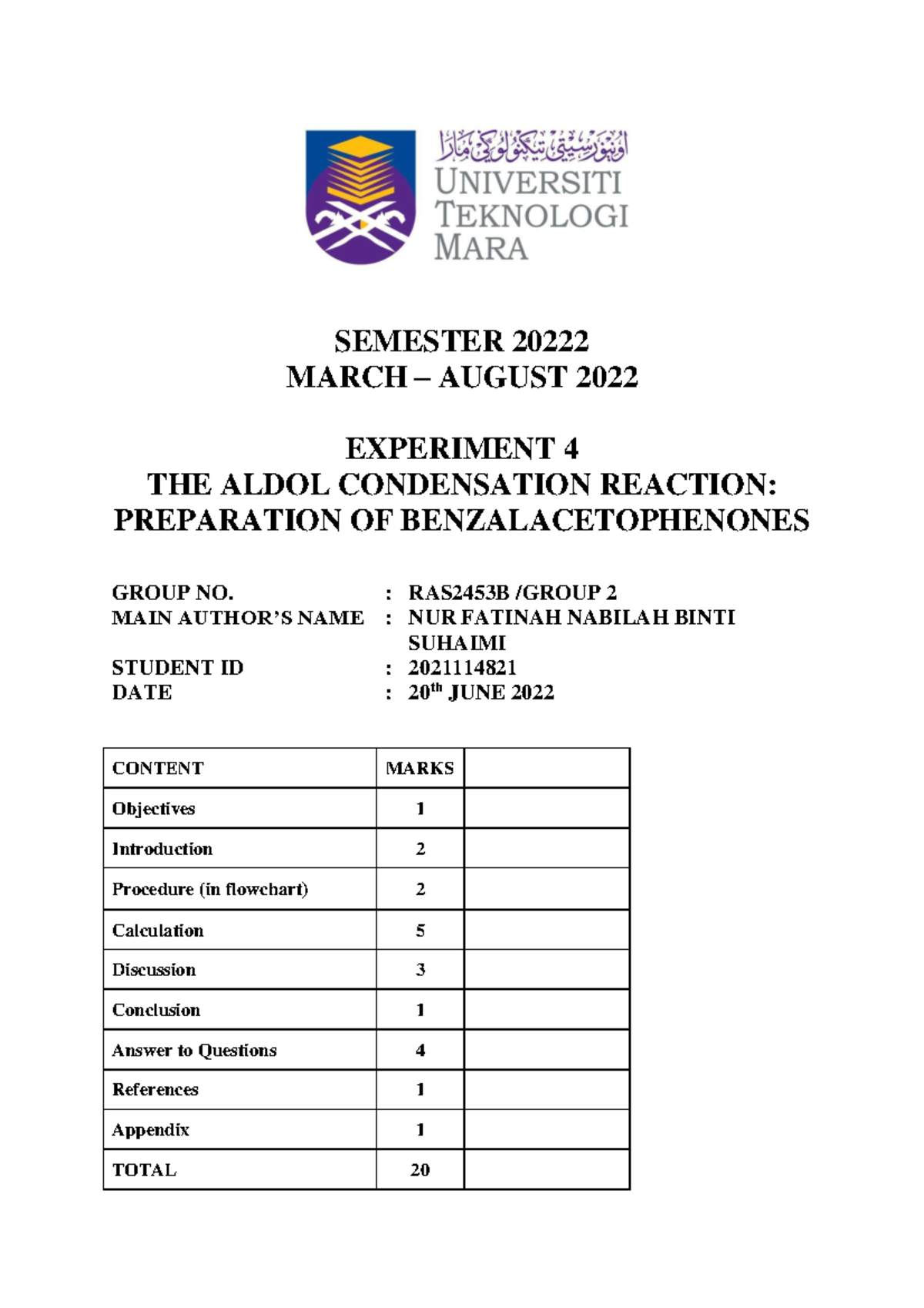 EXP4 CHM557 - EXPERIMENT 4 THE ALDOL CONDENSATION REACTION: PREPARATION ...