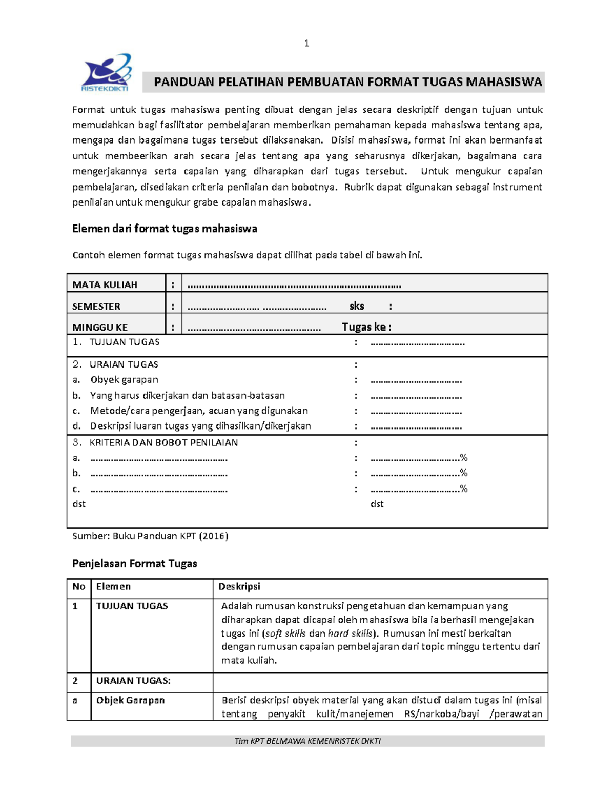 Panduan Pelatihan Pembuatan Format Tugas Mahasiswa - 1 Tim KPT BELMAWA ...