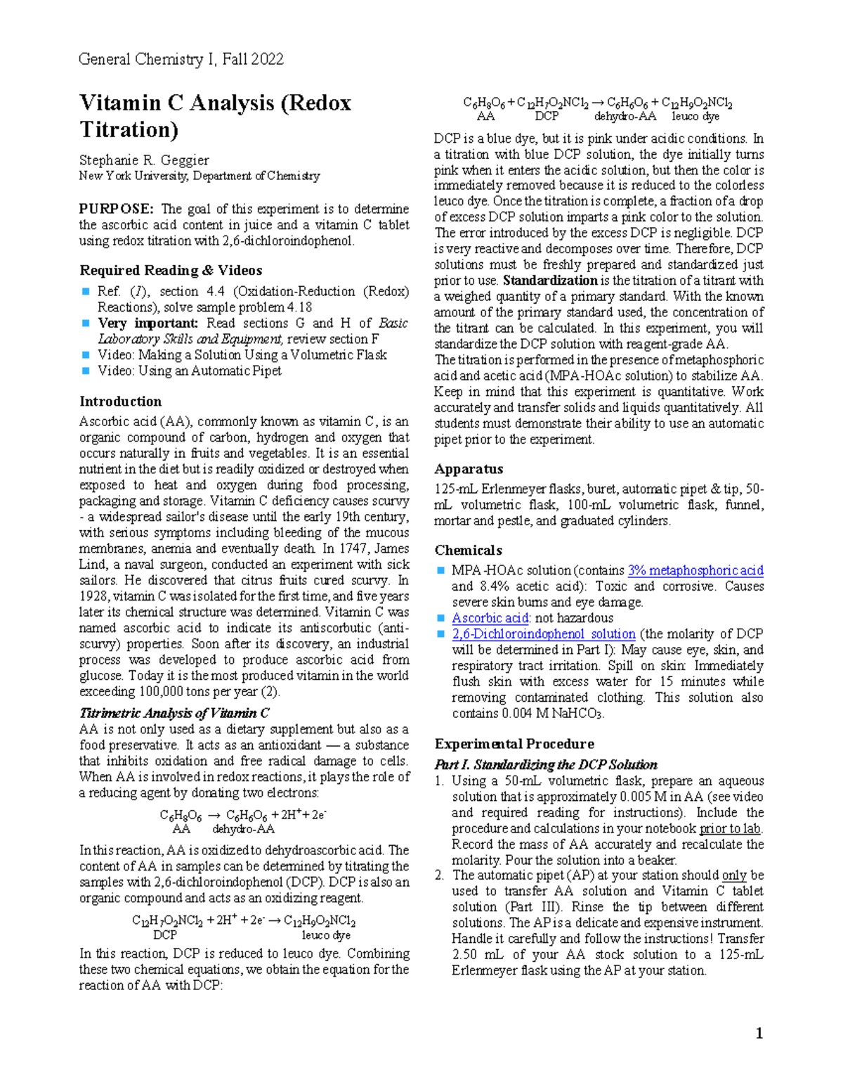 Vitamin C Analysis F22 Lab manual Vitamin C Analysis (Redox