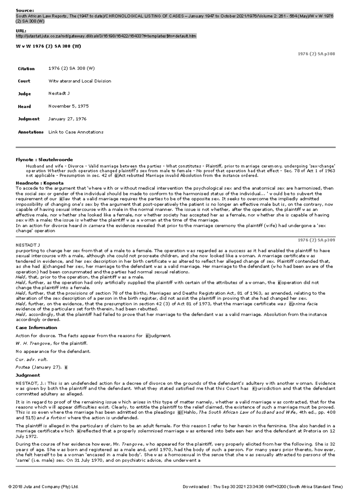 W v W 1976 (2) SA 308 (W) - NOTS - Source: South African Law Reports ...