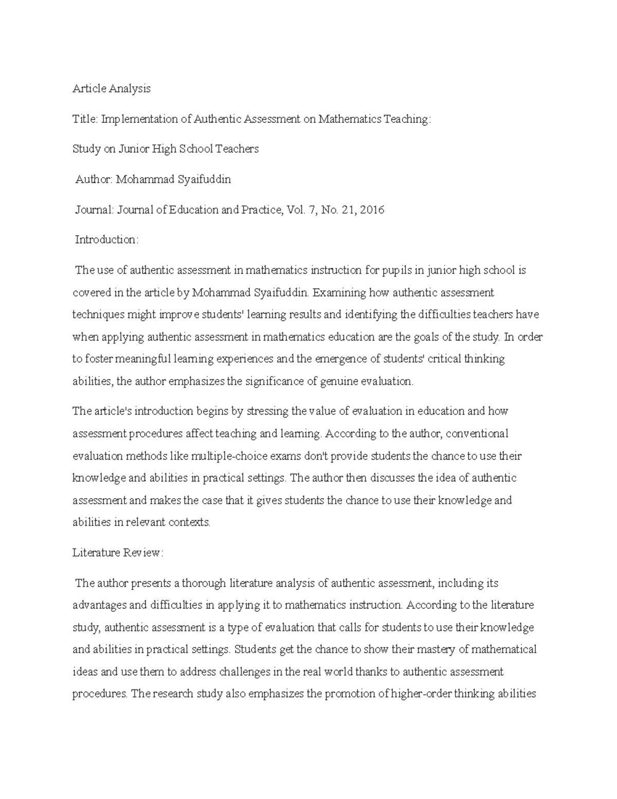 Article Analysis - worksheet - Article Analysis Title: Implementation ...