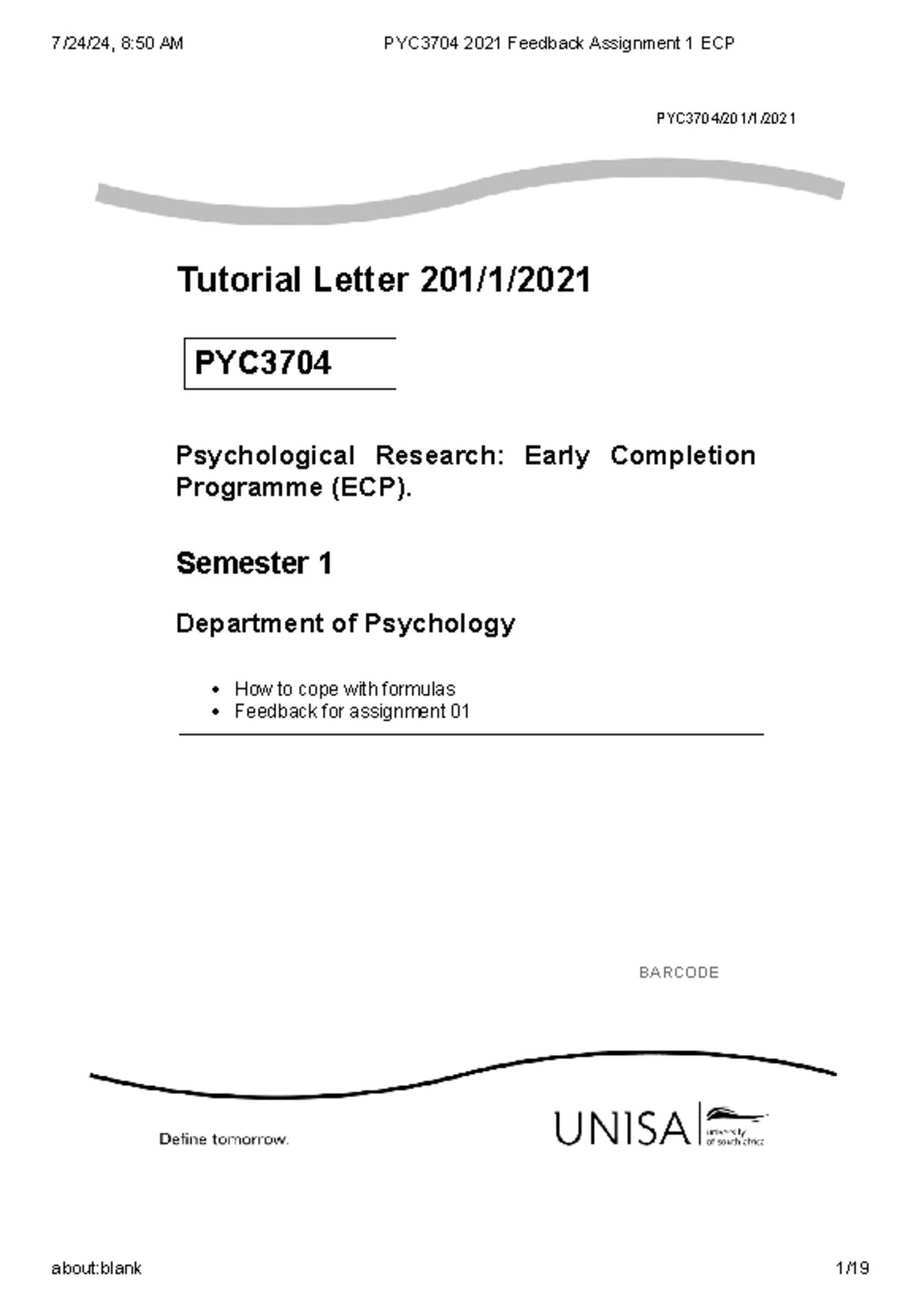 PYC3704 2021 Feedback Assignment 1 ECP - PYC3704/201/1/ Tutorial Letter ...