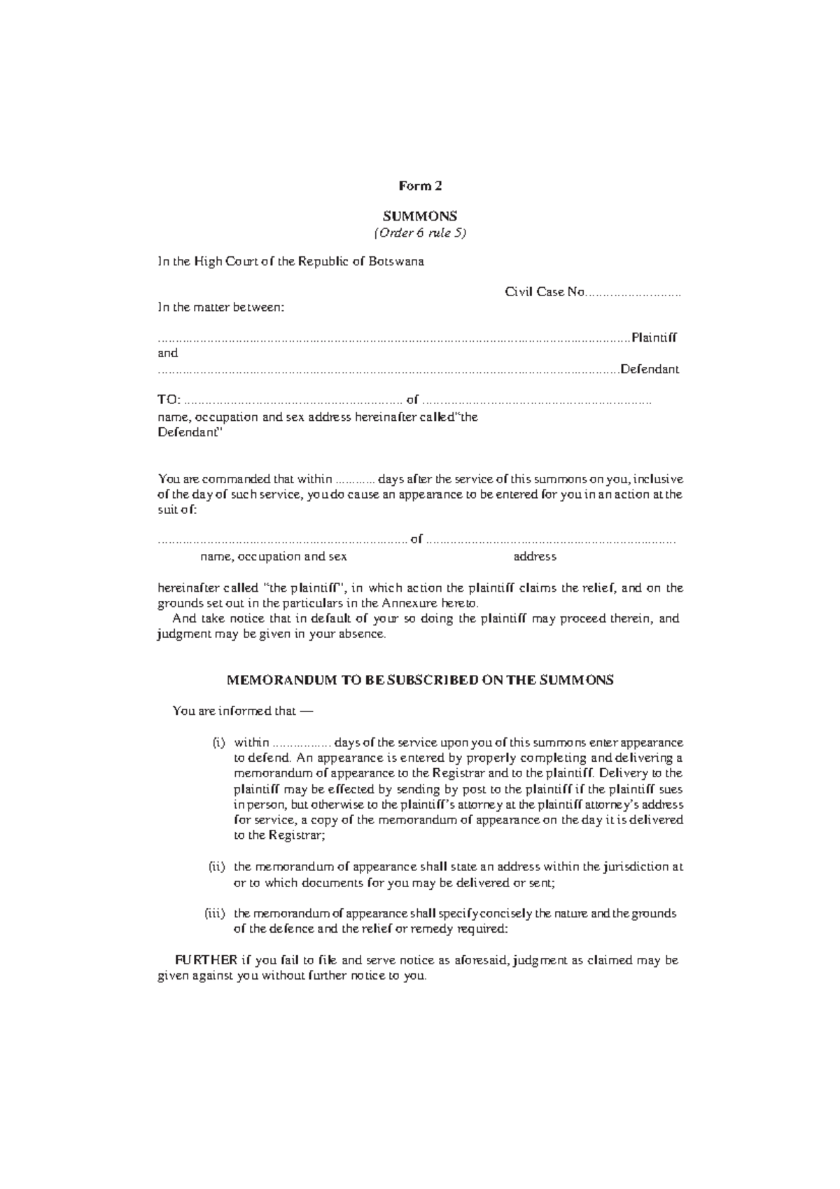 Summons-Form 2 - Form 2 SUMMONS (Order 6 rule 5) In the High Court of ...