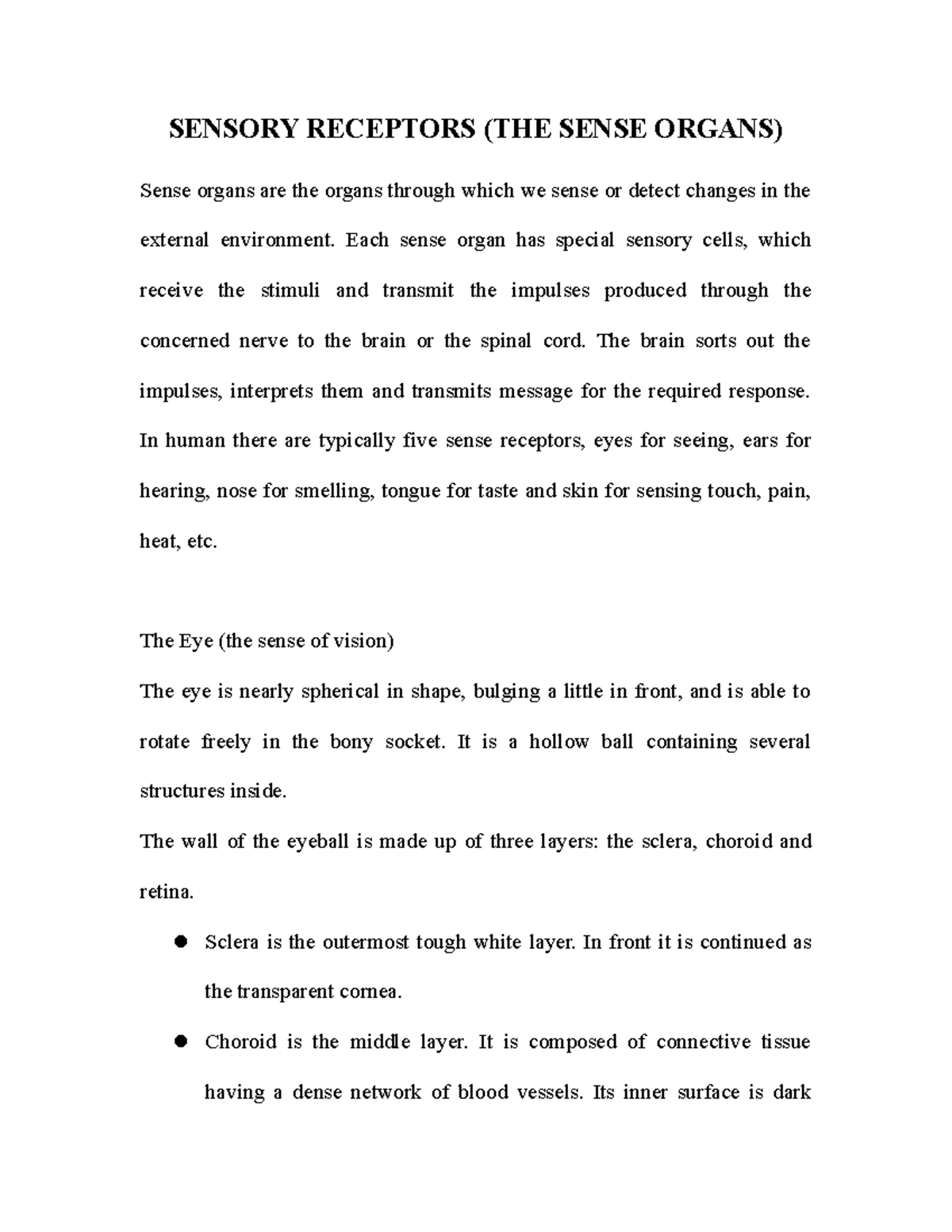 Sensory Receptors Notes - SENSORY RECEPTORS (THE SENSE ORGANS) Sense ...