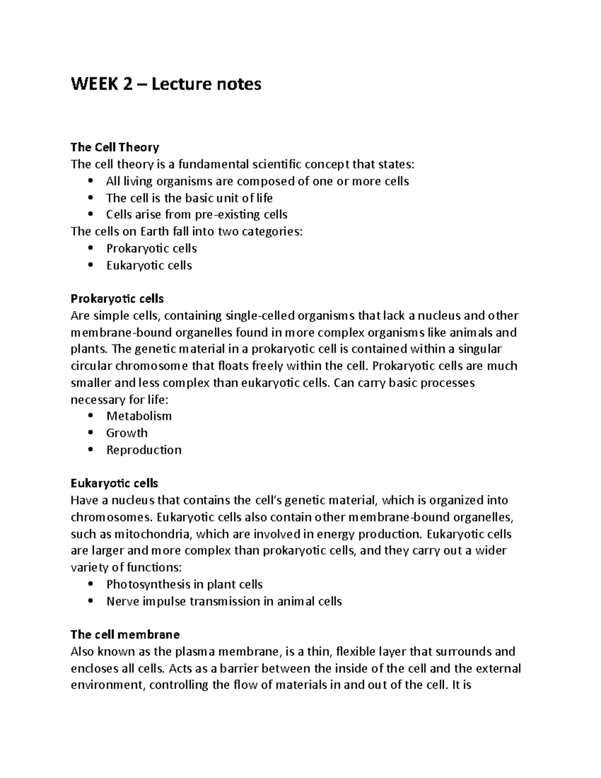HBM1002 Lecture notes - WEEK 2 – Lecture notes The Cell Theory The cell ...