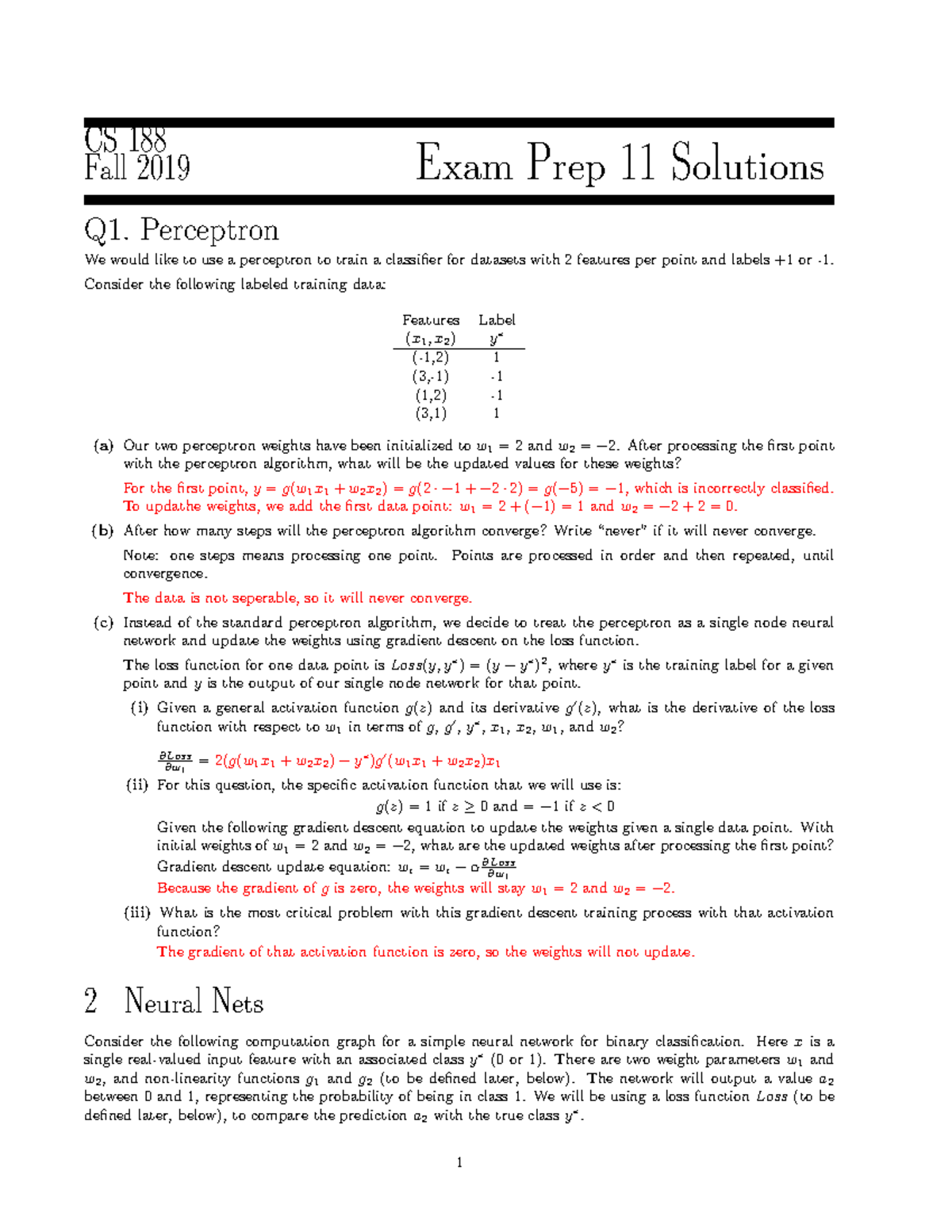 CS Exam - Dataset Losses and Neural Nets - CS 188 Fall 2019 Exam Prep ...