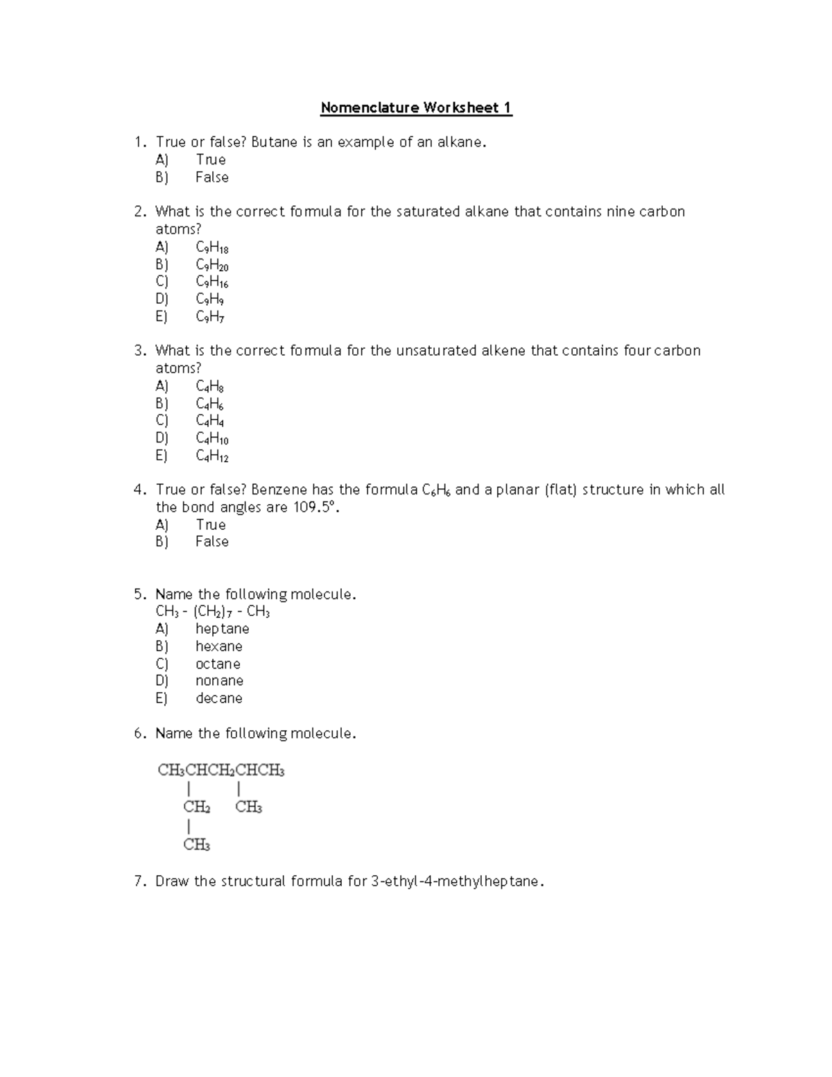 Nomenclature Worksheet 1 - True Or False? Butane Is An Example Of An ...