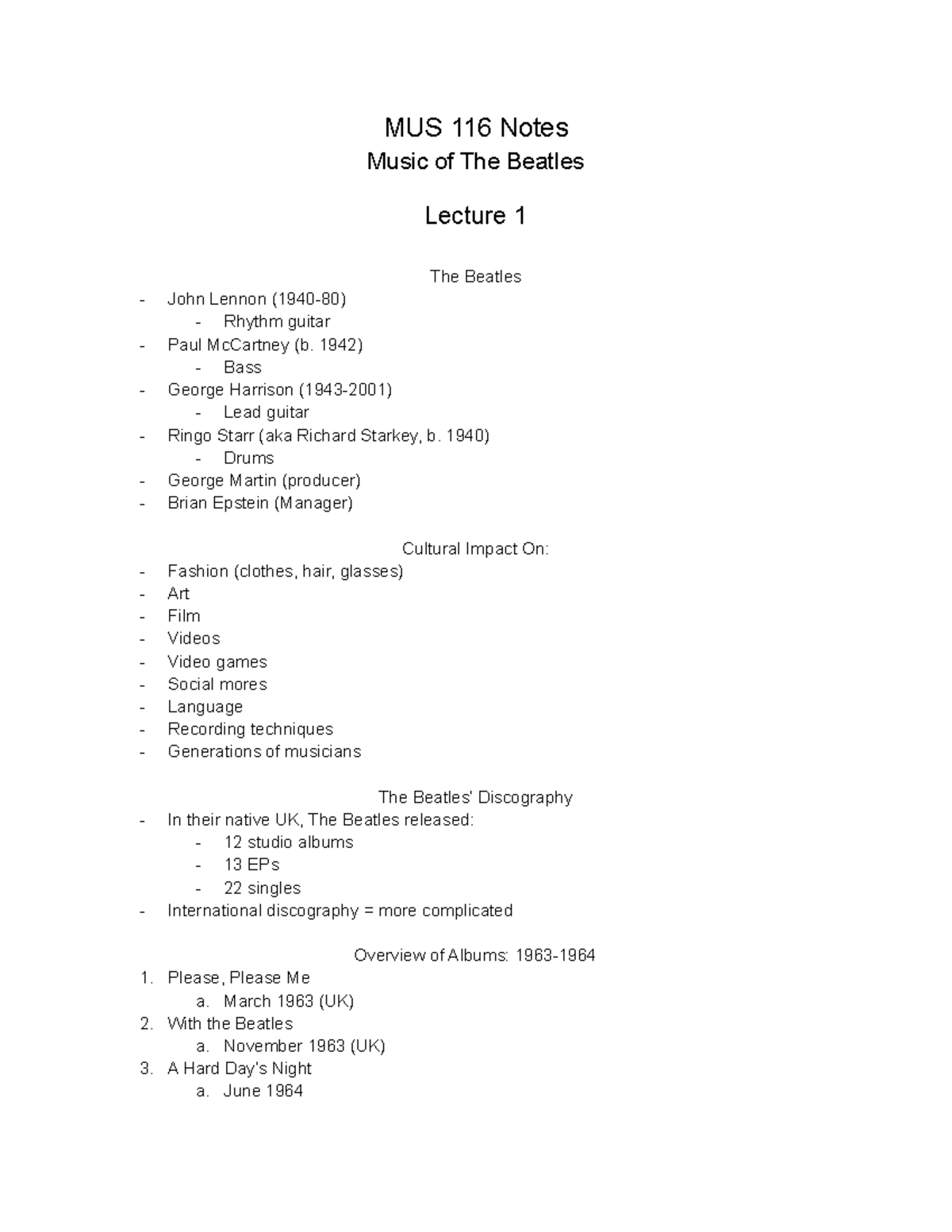 MUS 116 Notes (Lecture 1) - MUS 116 Notes Music of The Beatles Lecture ...