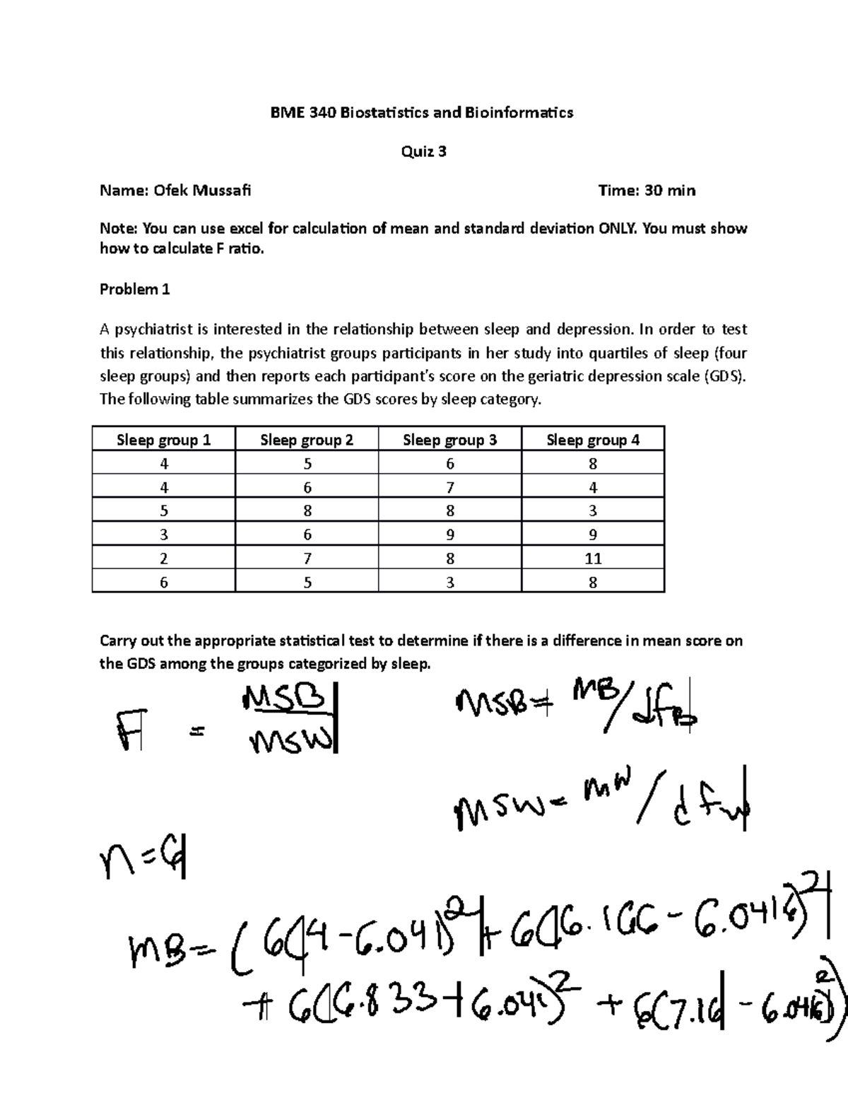Quiz 3 practice set - BME 340 Biostatistics and Bioinformatics Quiz 3 ...