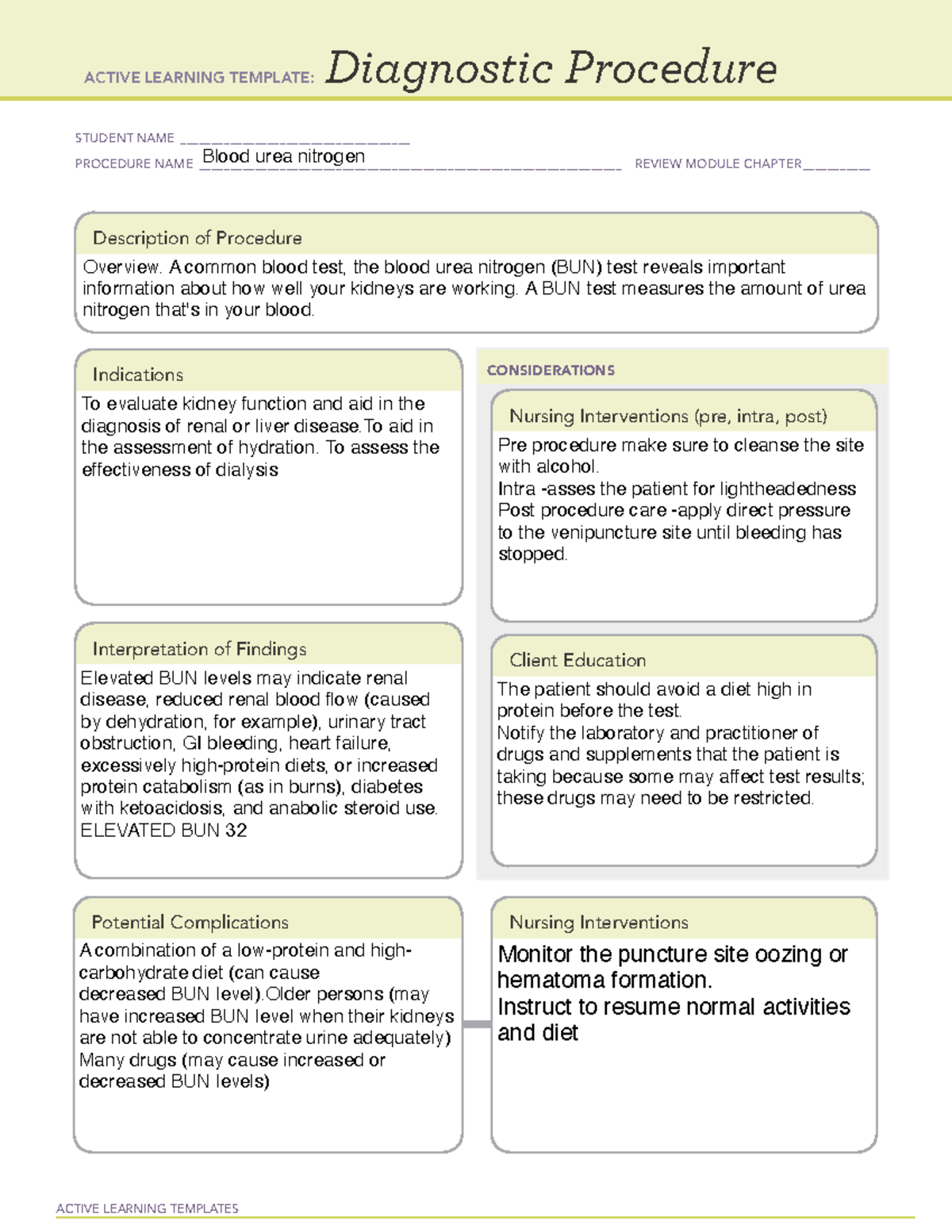 ATI BUN - BUN - ACTIVE LEARNING TEMPLATES Diagnostic Procedure STUDENT ...