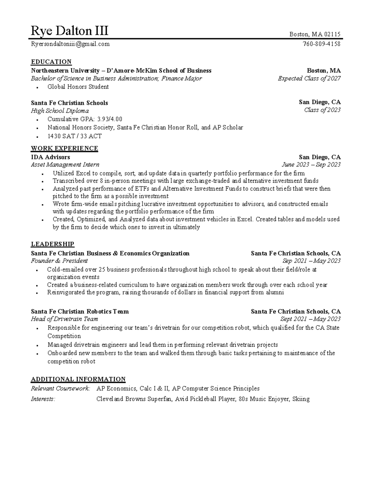 Resume - Rye Dalton - Rye Dalton III Boston, MA 02115 Ryersondaltoniii ...