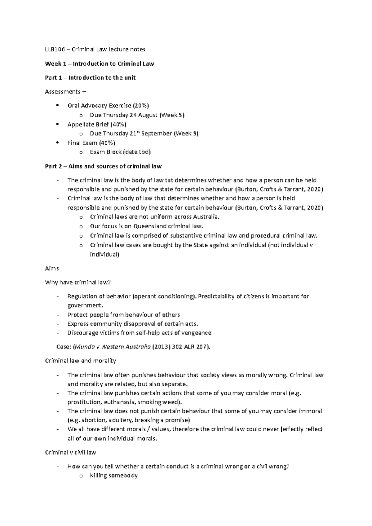 LLB106 - Week 1 Lecture Notes - LLB106 – Criminal Law Lecture Notes ...