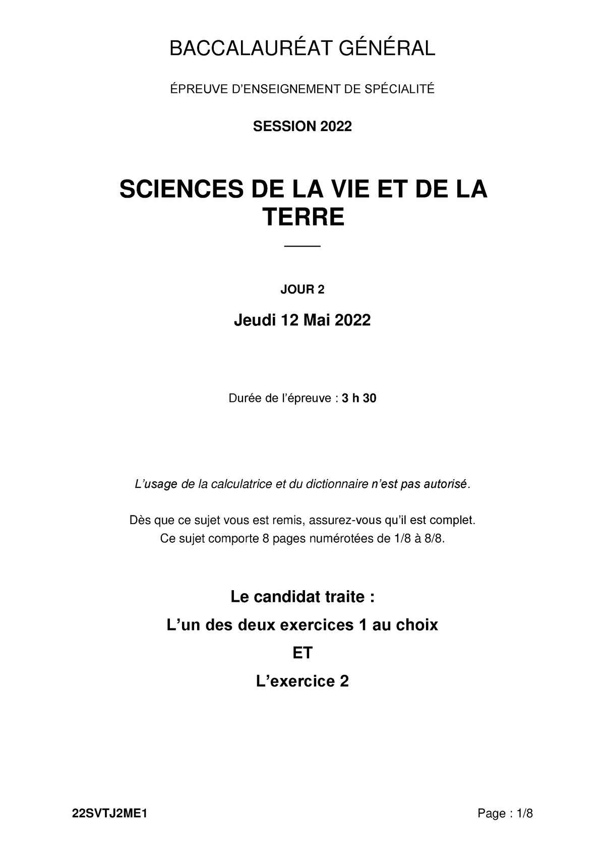 Baccalaur At G N Ral 2022 Sciences De La Vie Et De La Terre Preuve Du ...