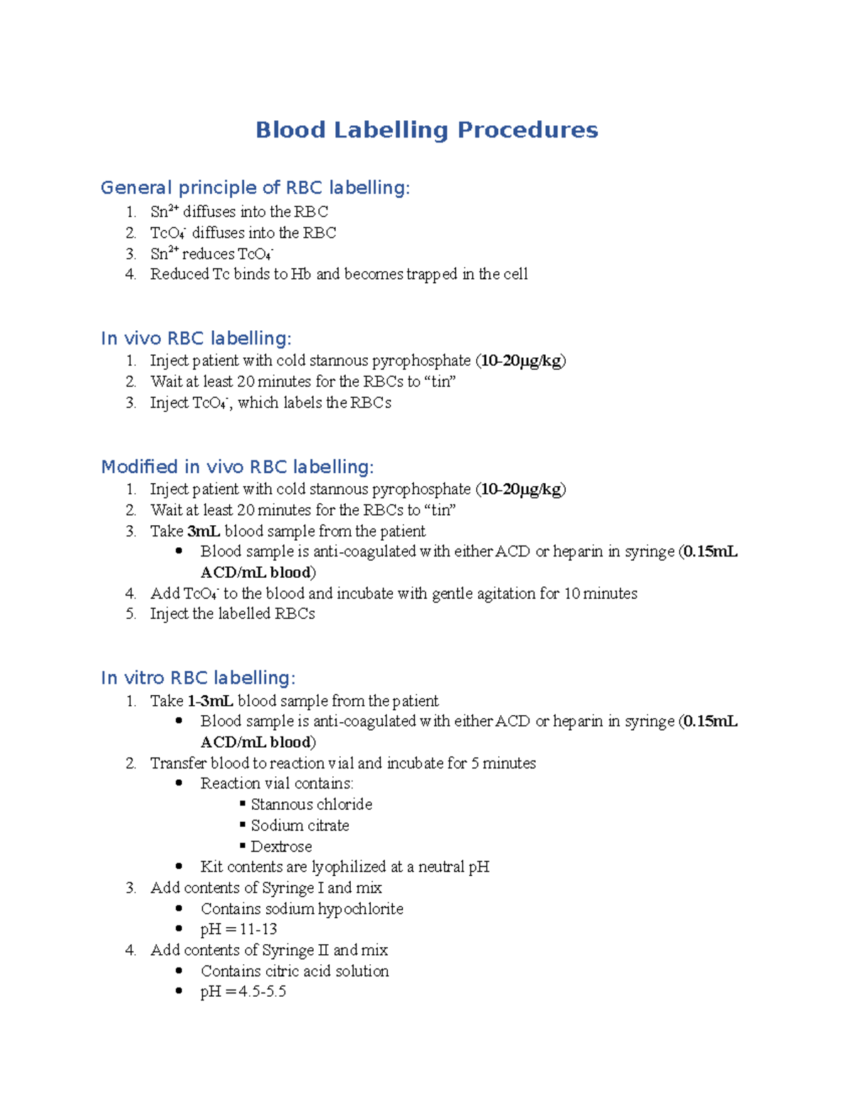 Blood Labelling Procedures Blood Labelling Procedures General