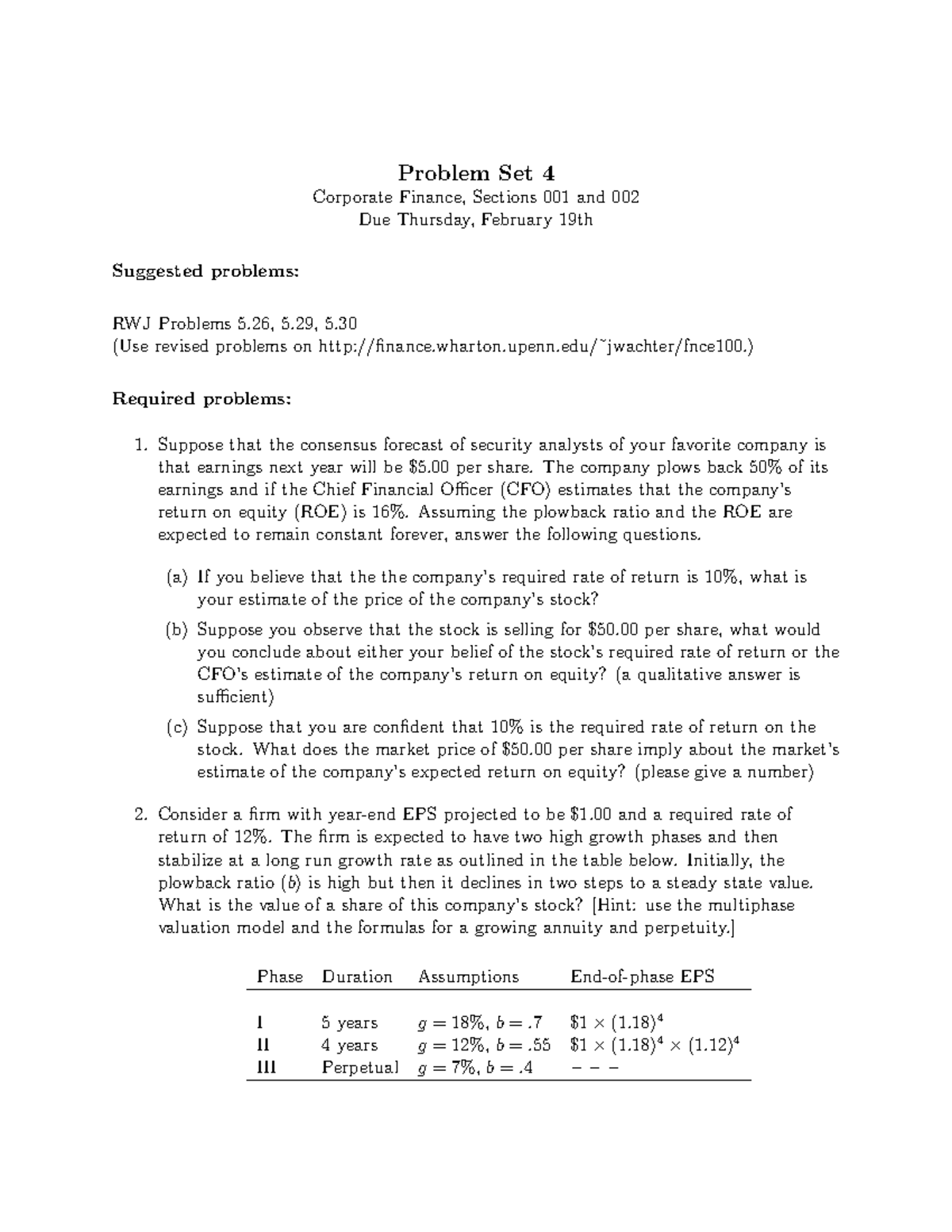 Ps04 - Corporate Finance - Problem Set 4 Corporate Finance, Sections ...