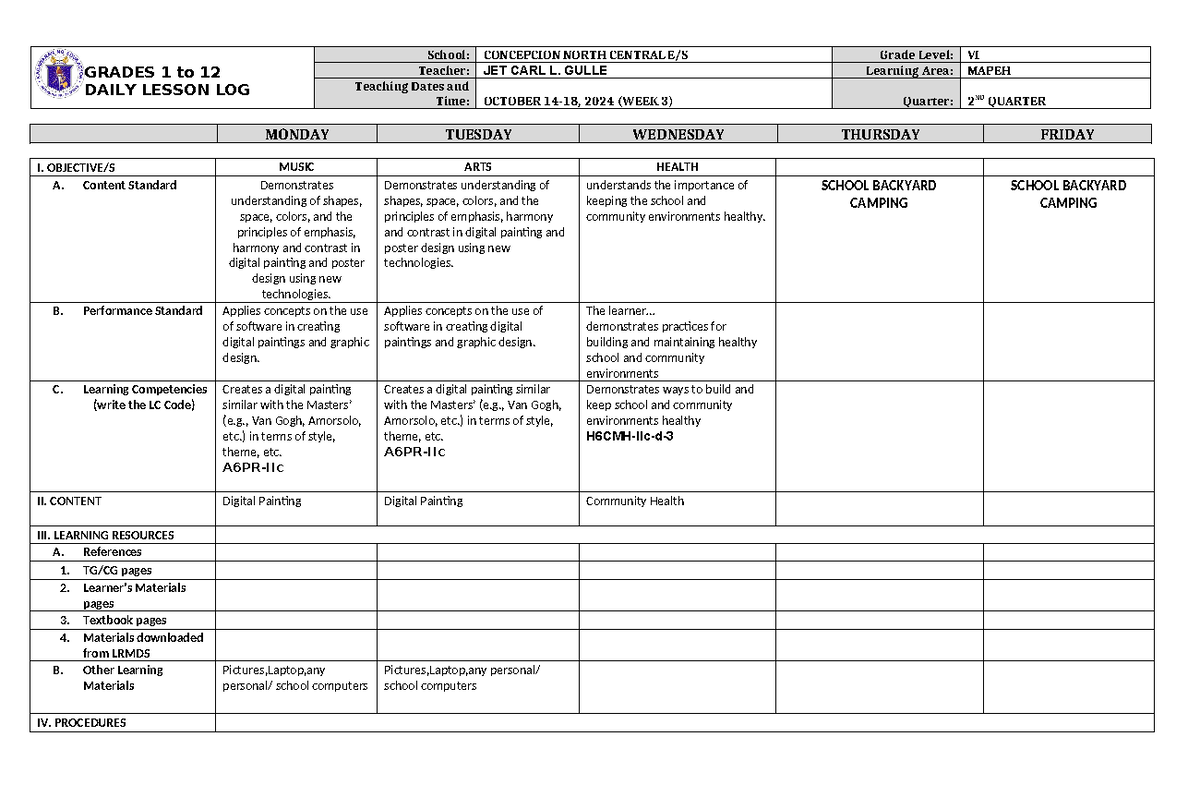 DLL Mapeh 6 Q2 W3 - DLL - GRADES 1 to 12 DAILY LESSON LOG School ...